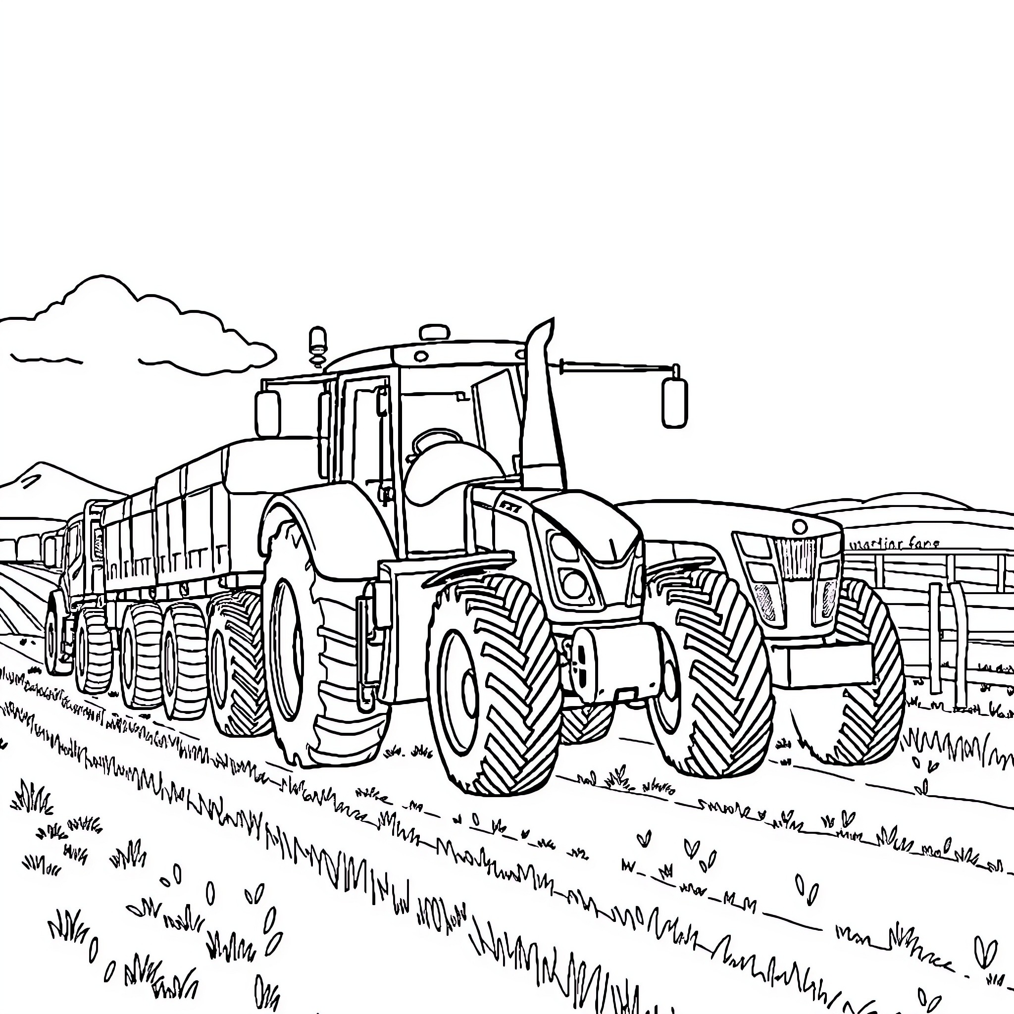 Truck working in the field Coloring Page (free black-and-white line drawing printable PDF for all, from beginners to advanced learners, including children, teens, adults, and seniors)