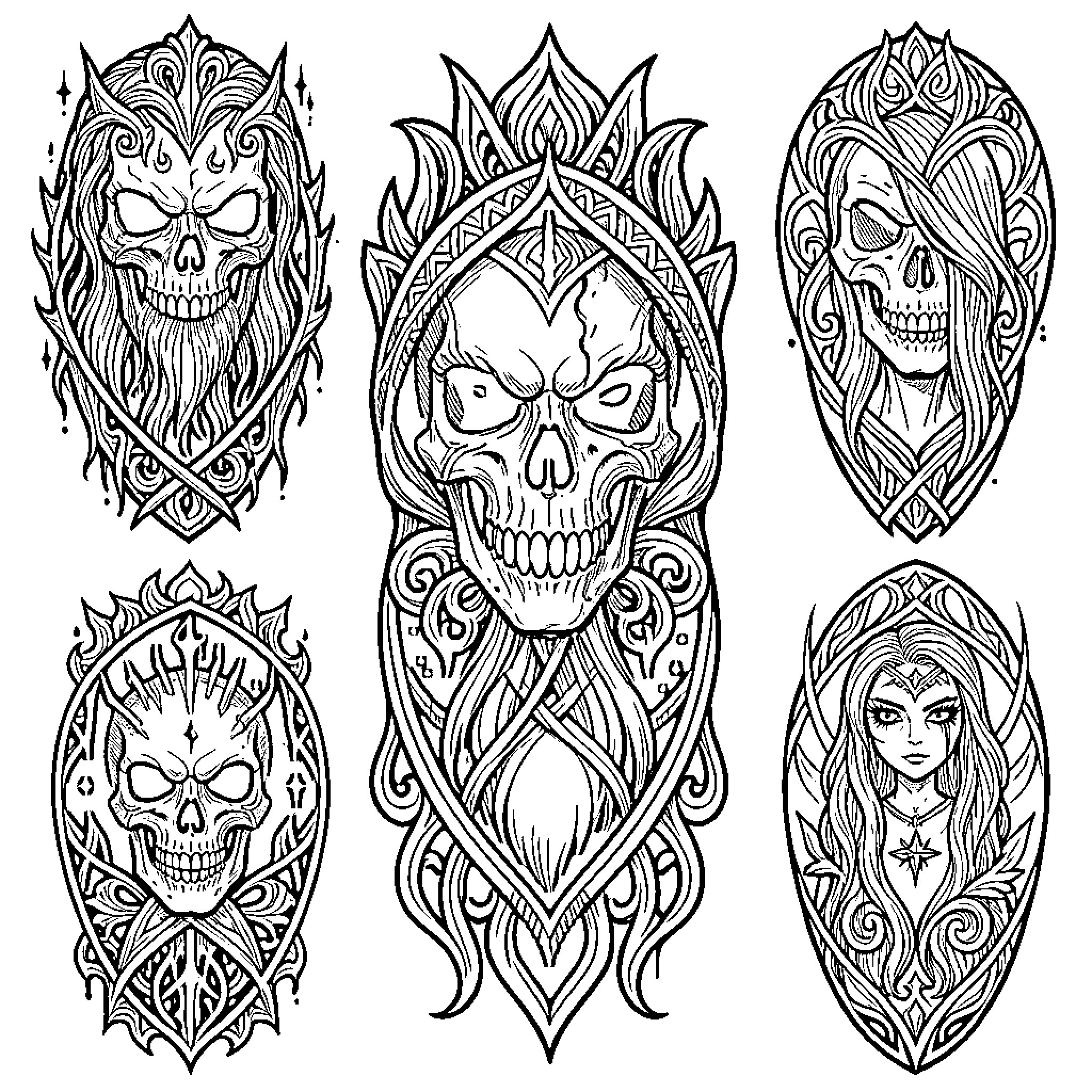 Tattoo designs featuring intricate skull patterns Coloring Page (free black-and-white line drawing printable PDF for all, from beginners to advanced learners, including children, teens, adults, and seniors)