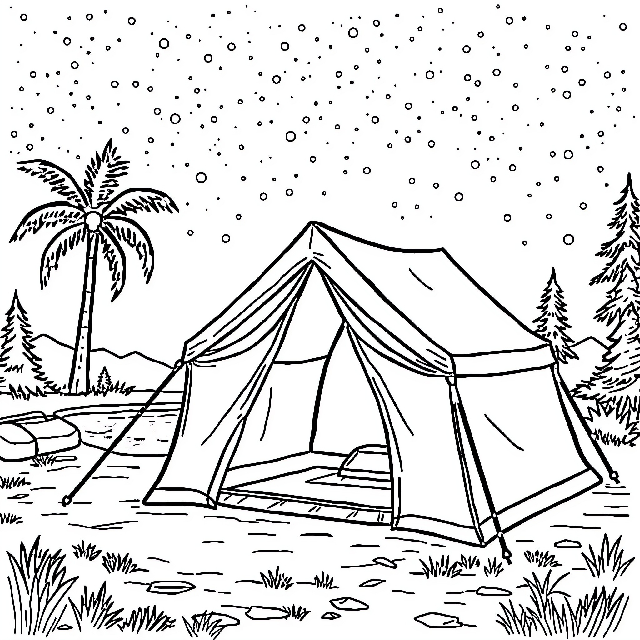 Tent under starry night sky with palm tree Coloring Page (free black-and-white line drawing printable PDF for all, from beginners to advanced learners, including children, teens, adults, and seniors)