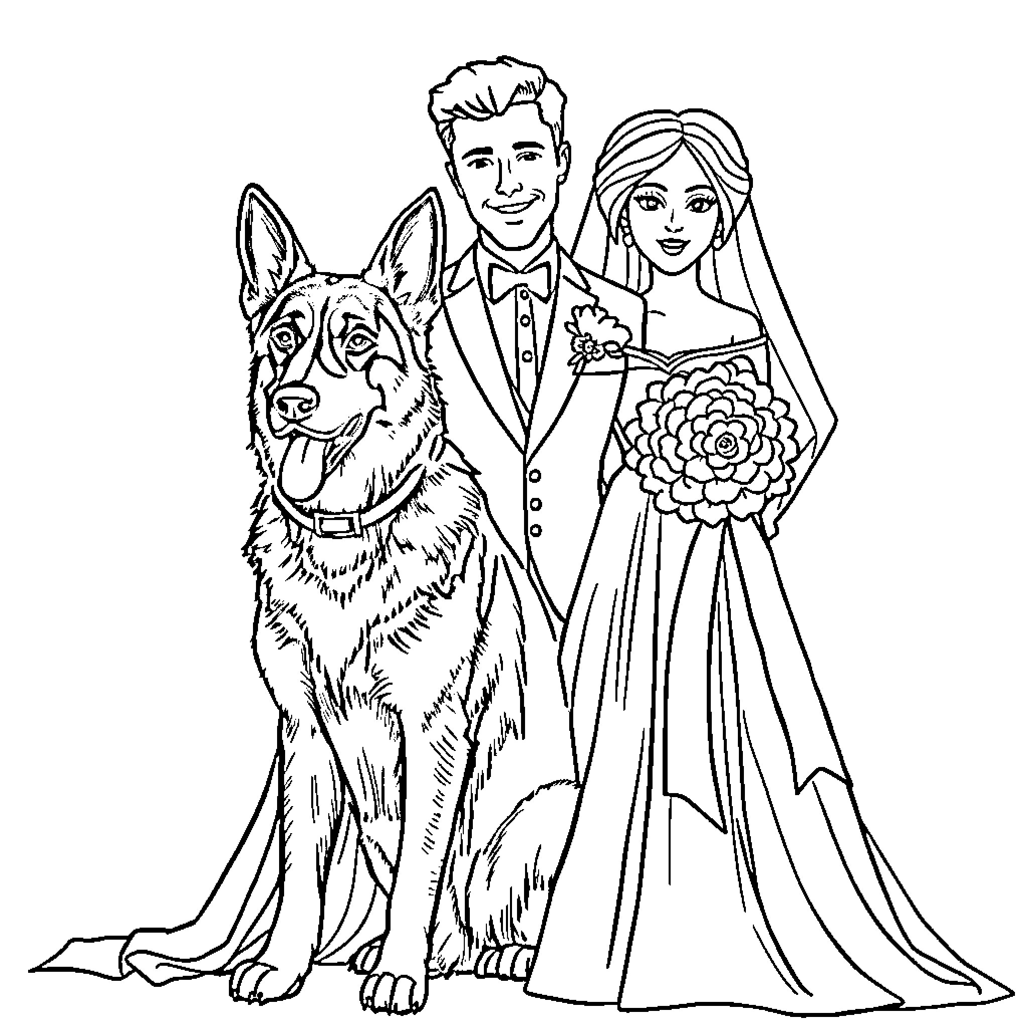 German Shepherd standing beside newlywed couple Coloring Page (free black-and-white line drawing printable PDF for all, from beginners to advanced learners, including children, teens, adults, and seniors)