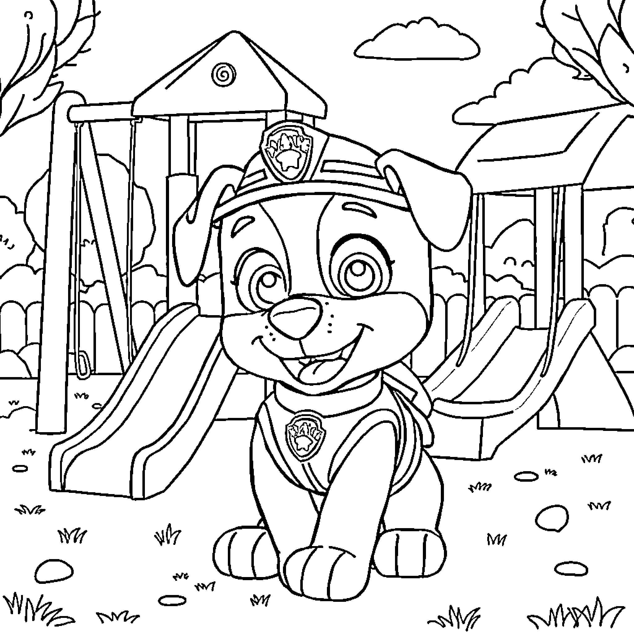 Rubble the pup on a playful adventure Coloring Page (free black-and-white line drawing printable PDF for all, from beginners to advanced learners, including children, teens, adults, and seniors)