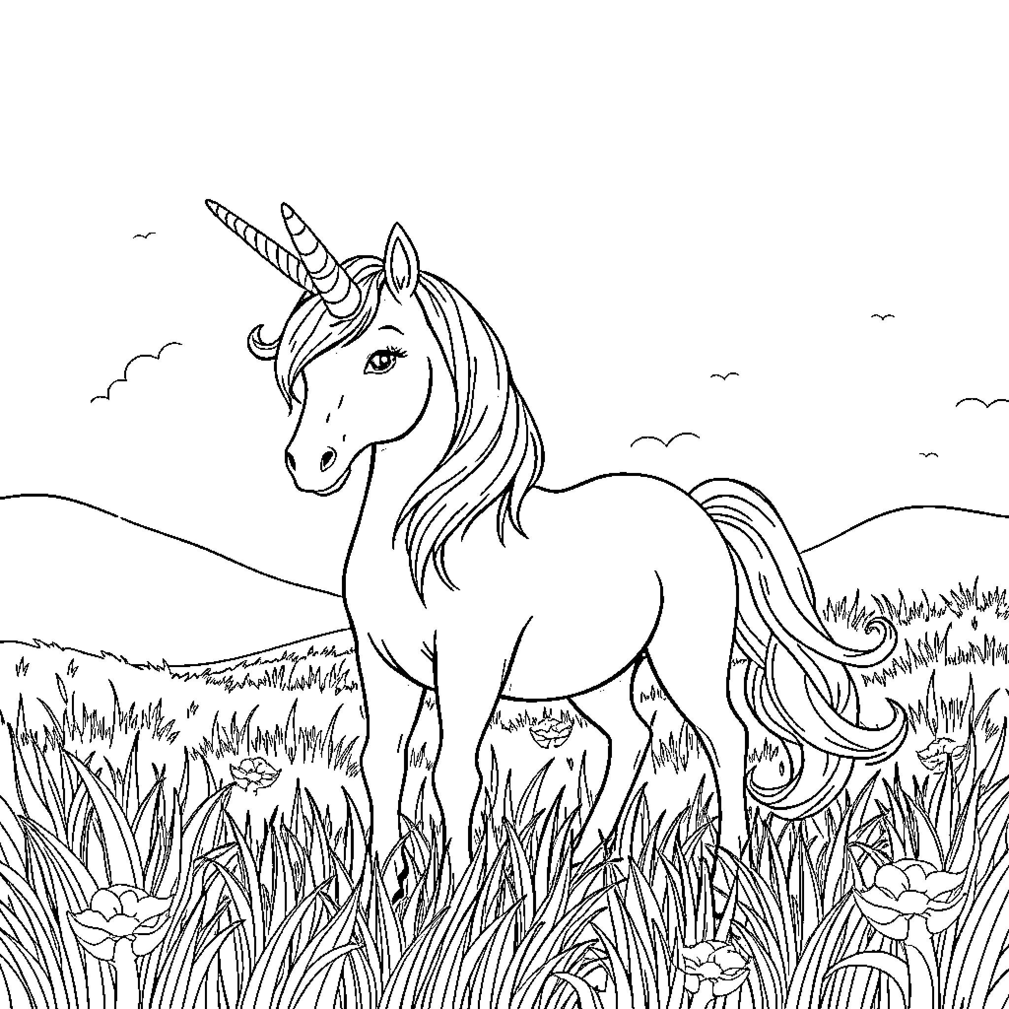 Unicorn standing gracefully in a serene meadow Coloring Page (free black-and-white line drawing printable PDF for all, from beginners to advanced learners, including children, teens, adults, and seniors)