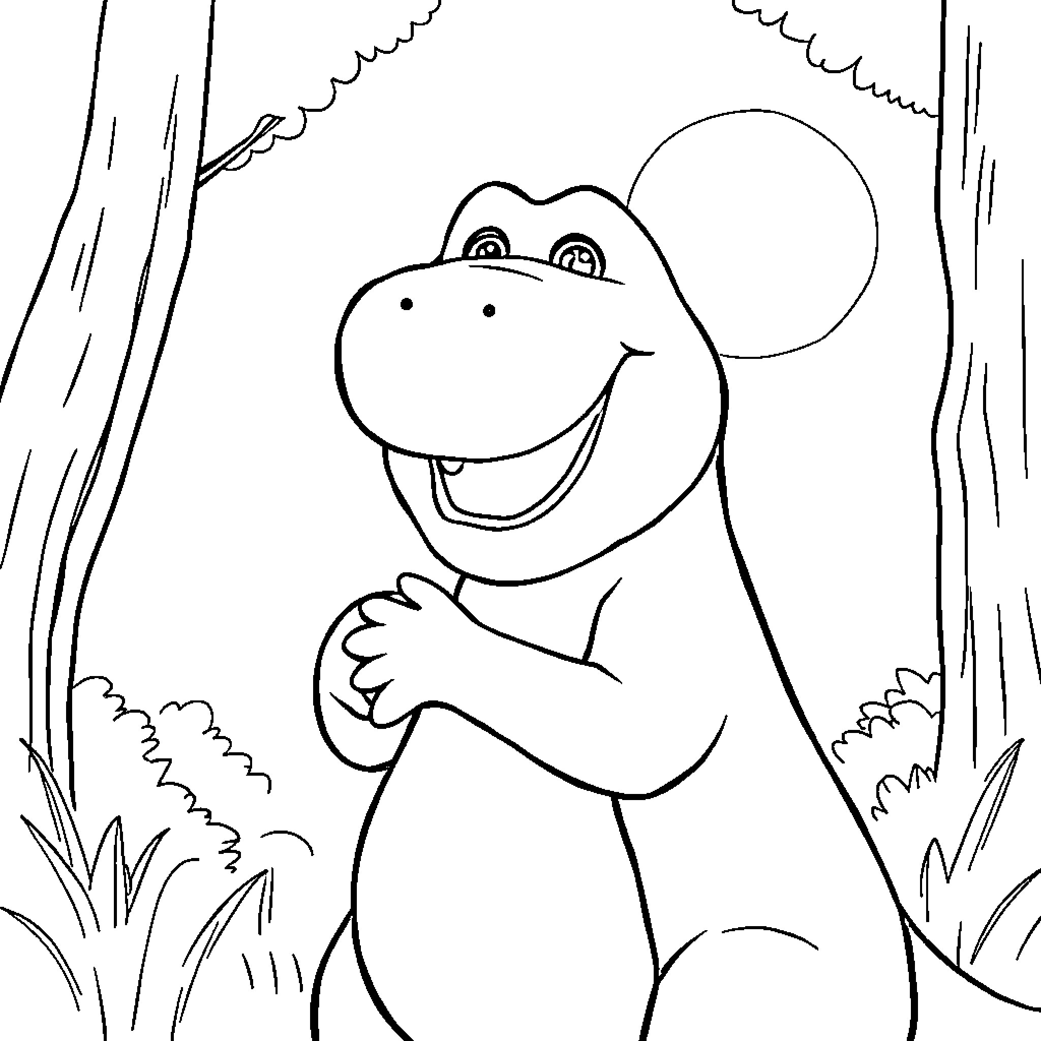 Barney smiling happily while standing in a forest Coloring Page (free black-and-white line drawing printable PDF for all, from beginners to advanced learners, including children, teens, adults, and seniors)