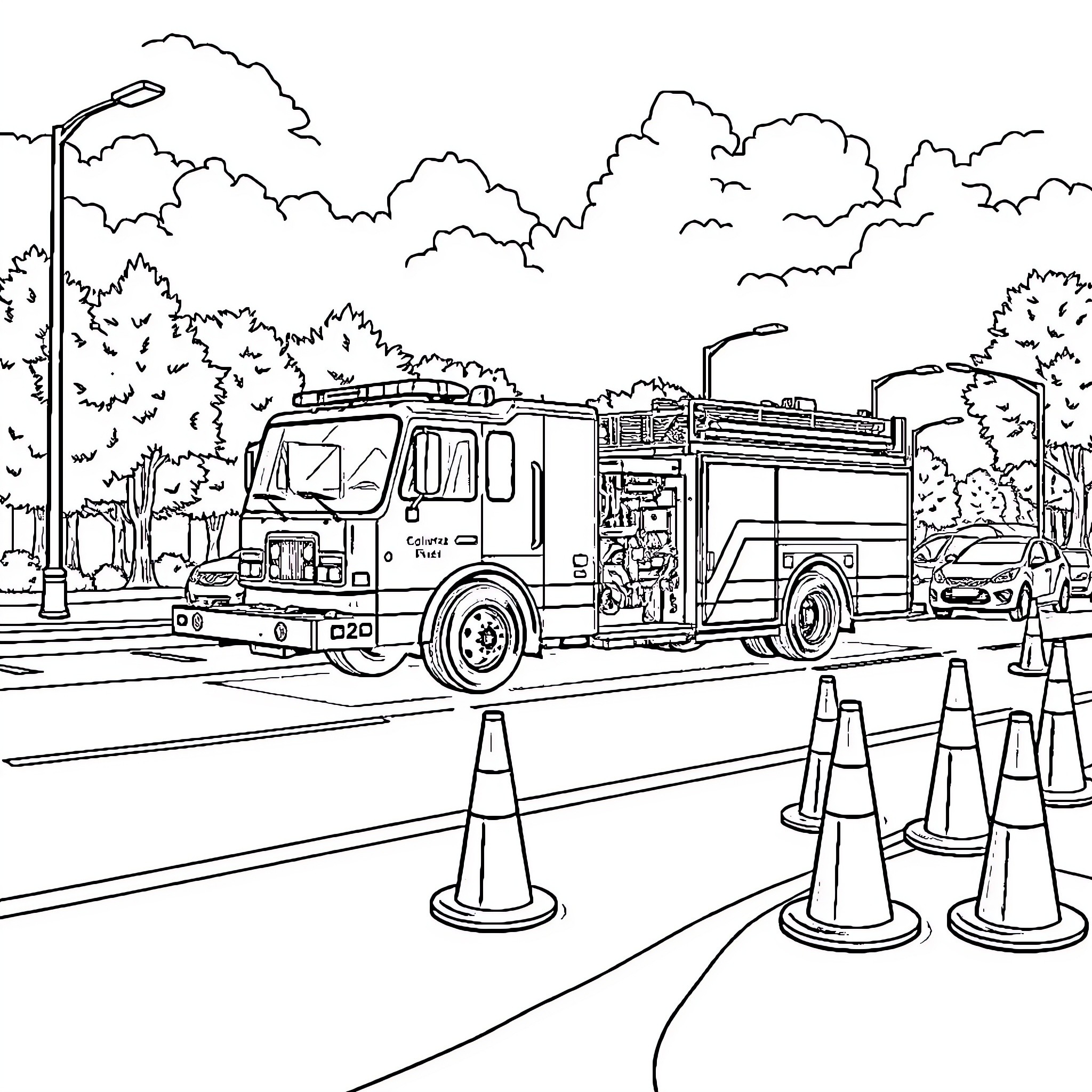 Firetruck responding to emergency call on city street Coloring Page (free black-and-white line drawing printable PDF for all, from beginners to advanced learners, including children, teens, adults, and seniors)