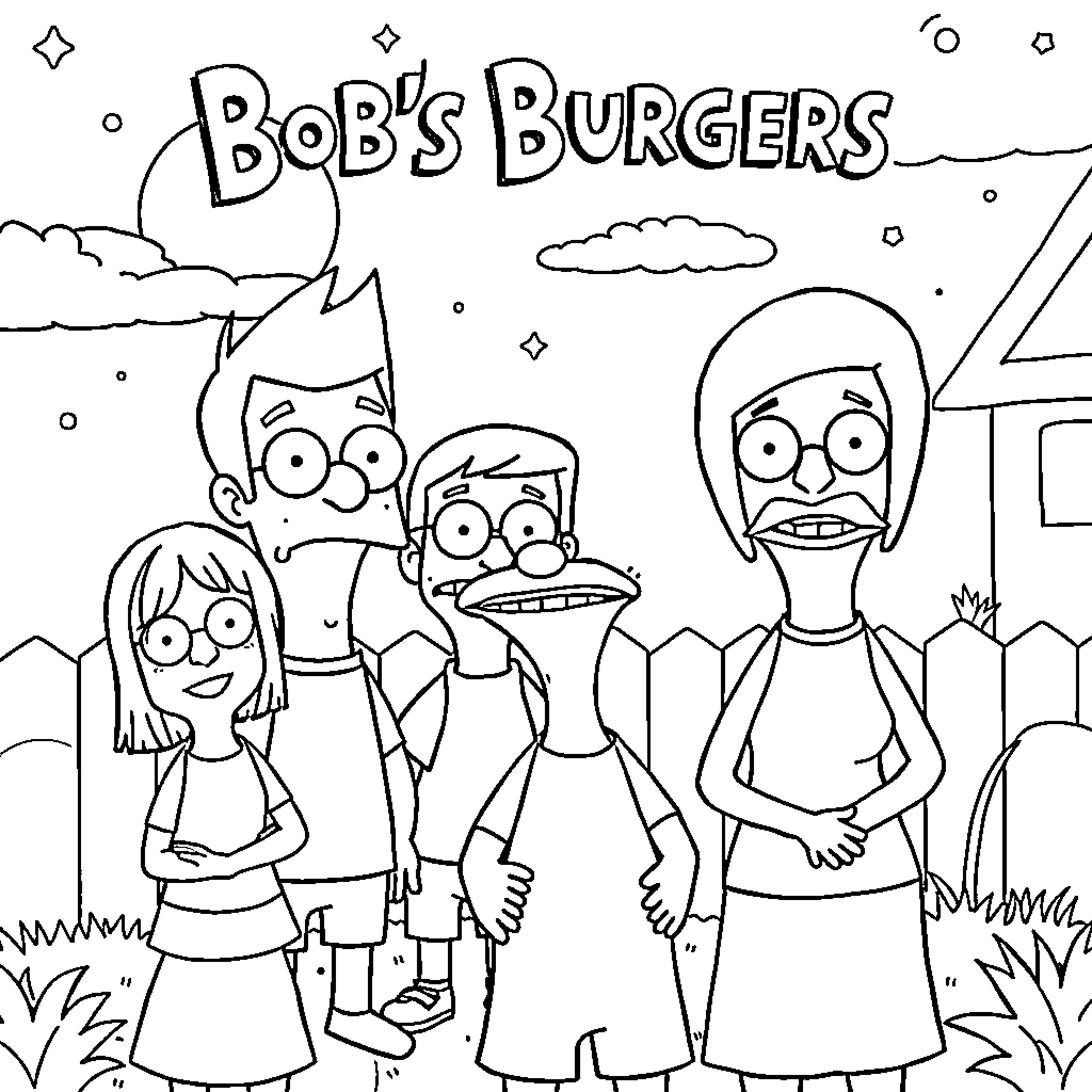 Bob's Burgers characters in a scene Coloring Page (free black-and-white line drawing printable PDF for all, from beginners to advanced learners, including children, teens, adults, and seniors)