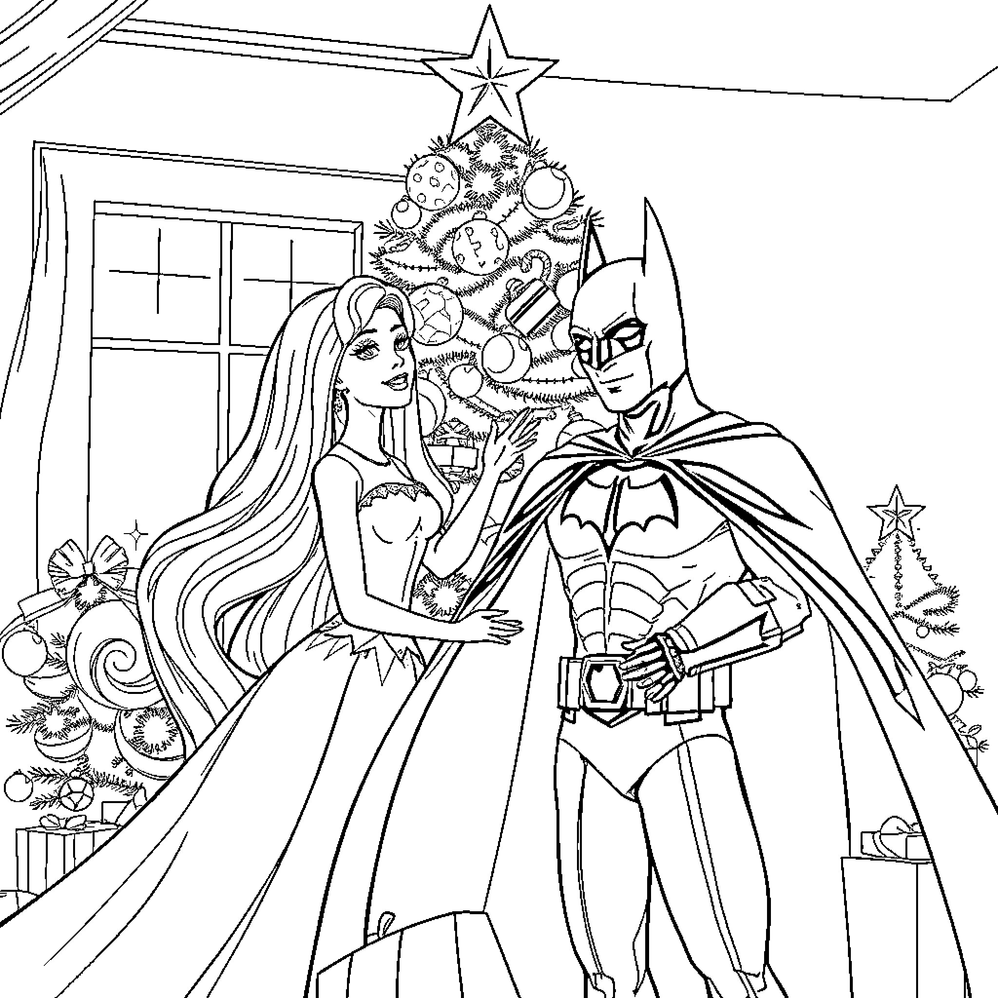 Barbie and Batman celebrate Christmas together Coloring Page (free black-and-white line drawing printable PDF for all, from beginners to advanced learners, including children, teens, adults, and seniors)