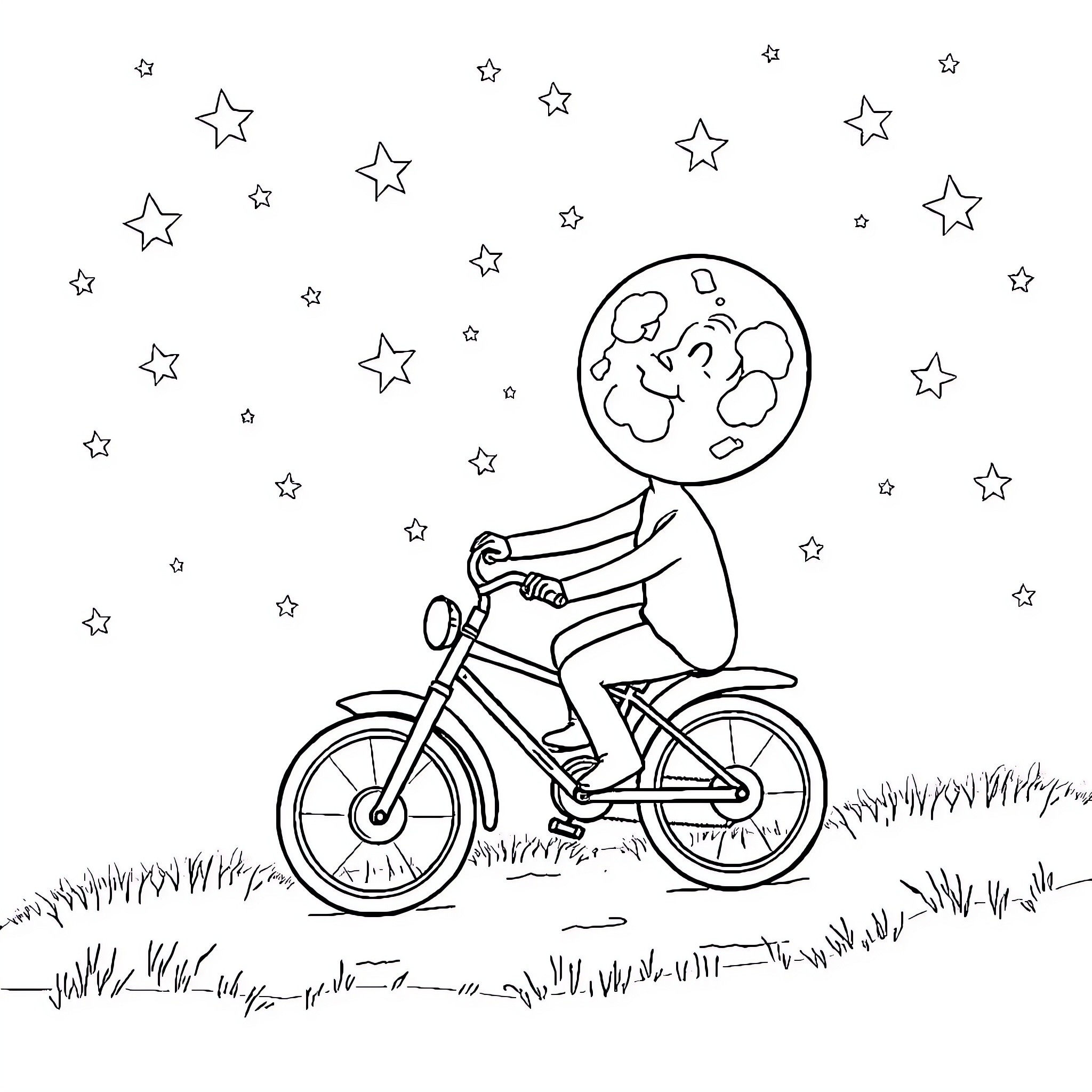 Moon riding a bicycle under the starry sky Coloring Page (free black-and-white line drawing printable PDF for all, from beginners to advanced learners, including children, teens, adults, and seniors)
