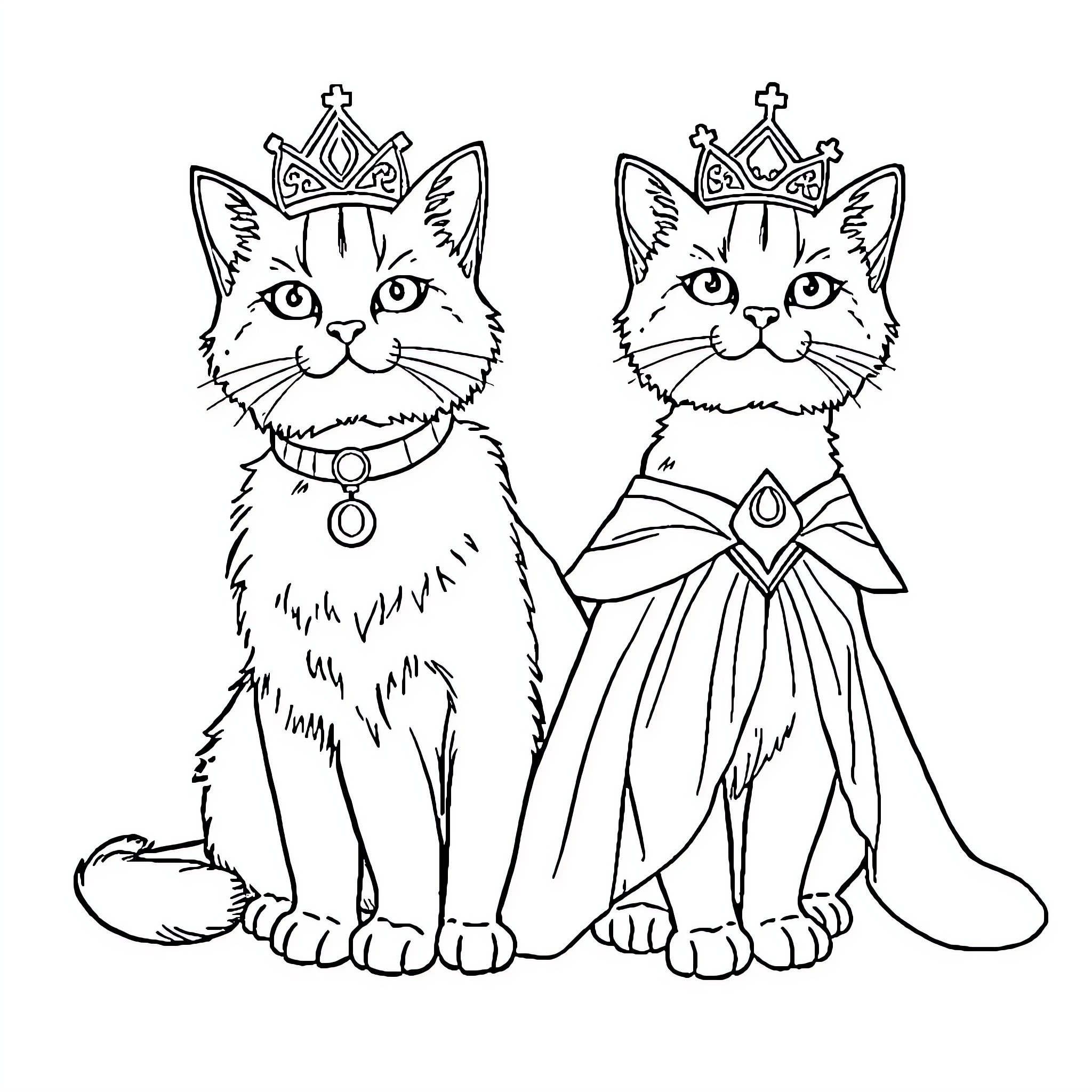 Cats wearing crowns in royal attire Coloring Page (free black-and-white line drawing printable PDF for all, from beginners to advanced learners, including children, teens, adults, and seniors)