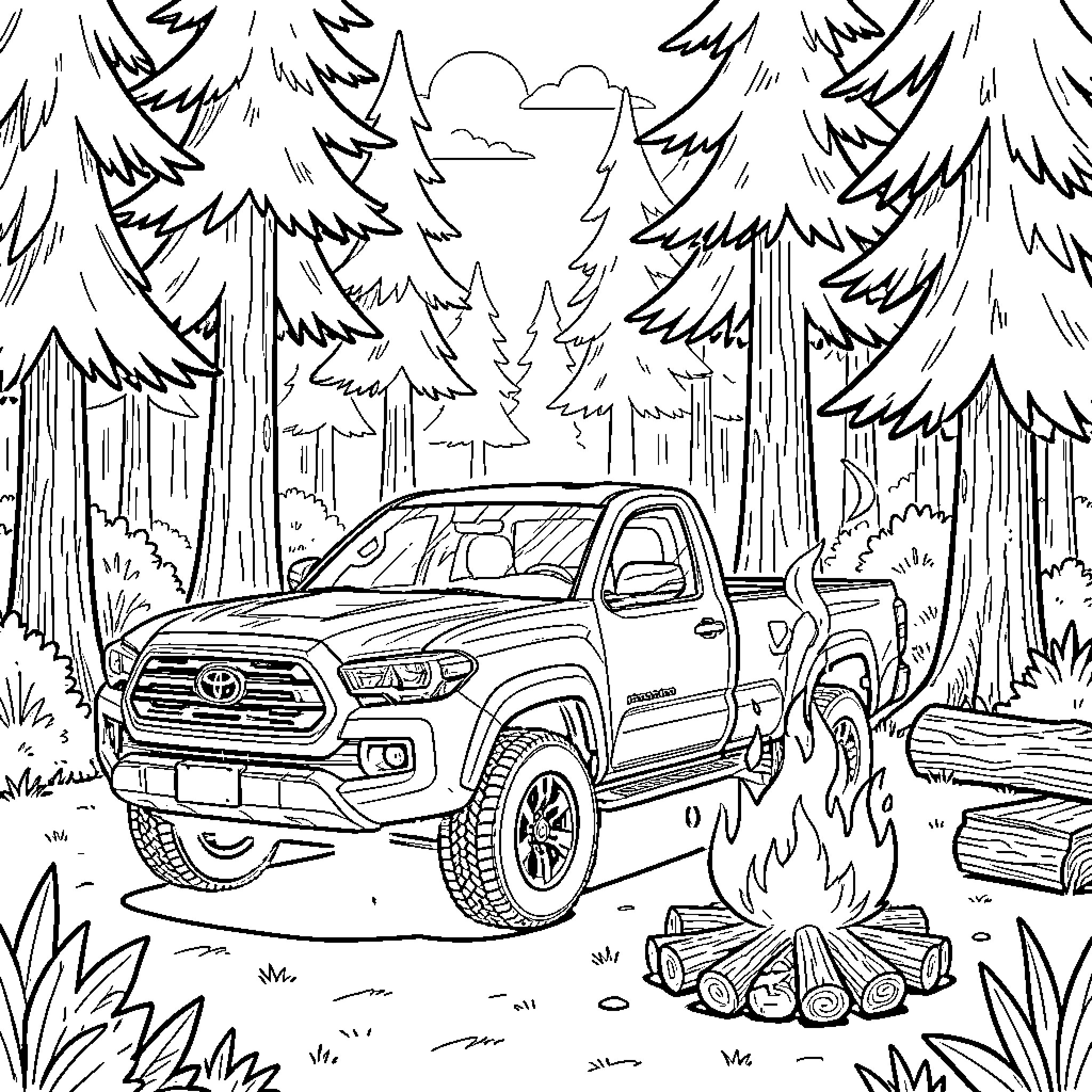 Toyota Tacoma in the Serene Forest Landscape Coloring Page (free black-and-white line drawing printable PDF for all, from beginners to advanced learners, including children, teens, adults, and seniors)