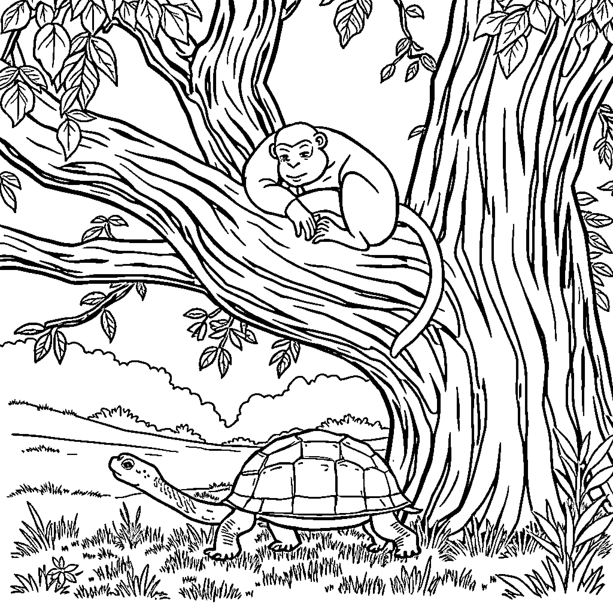 Monkey resting on a tree with a turtle below Coloring Page (free black-and-white line drawing printable PDF for all, from beginners to advanced learners, including children, teens, adults, and seniors)