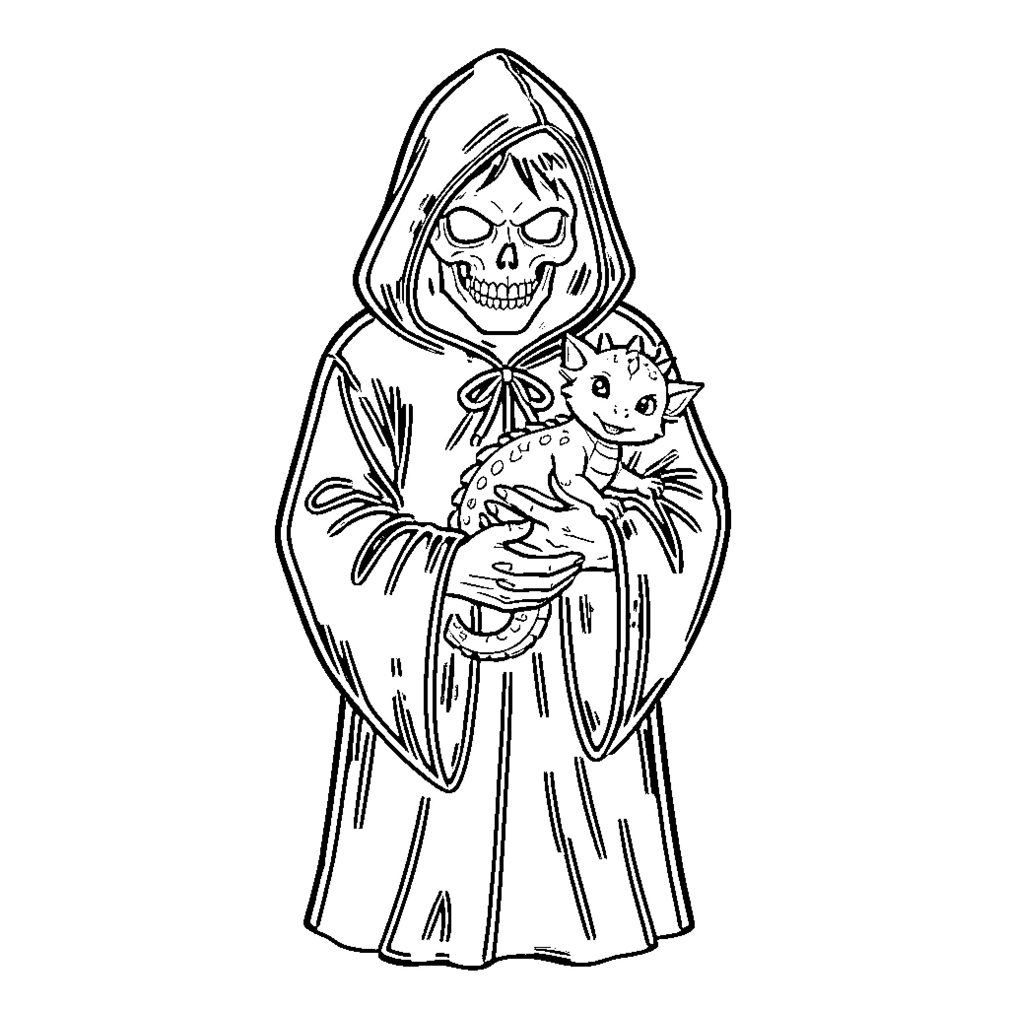Grim Reaper holding a cat in dark robe Coloring Page (free black-and-white line drawing printable PDF for all, from beginners to advanced learners, including children, teens, adults, and seniors)