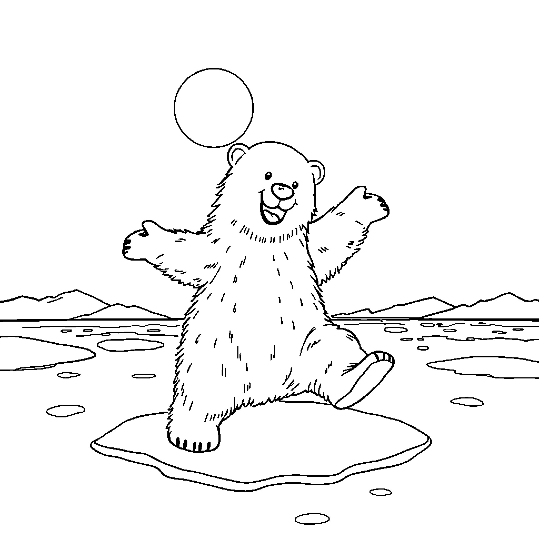 Polar Bear Catching Playful Bubble in Arctic Landscape Coloring Page (free black-and-white line drawing printable PDF for all, from beginners to advanced learners, including children, teens, adults, and seniors)