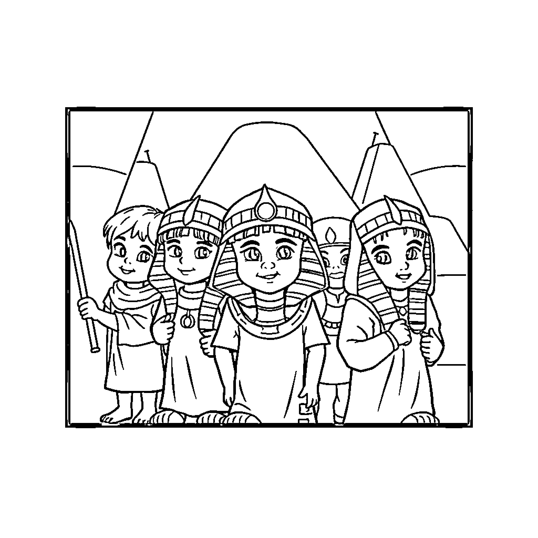 Pharaoh's Royal Court in Ceremonial Dress Coloring Page (free black-and-white line drawing printable PDF for all, from beginners to advanced learners, including children, teens, adults, and seniors)