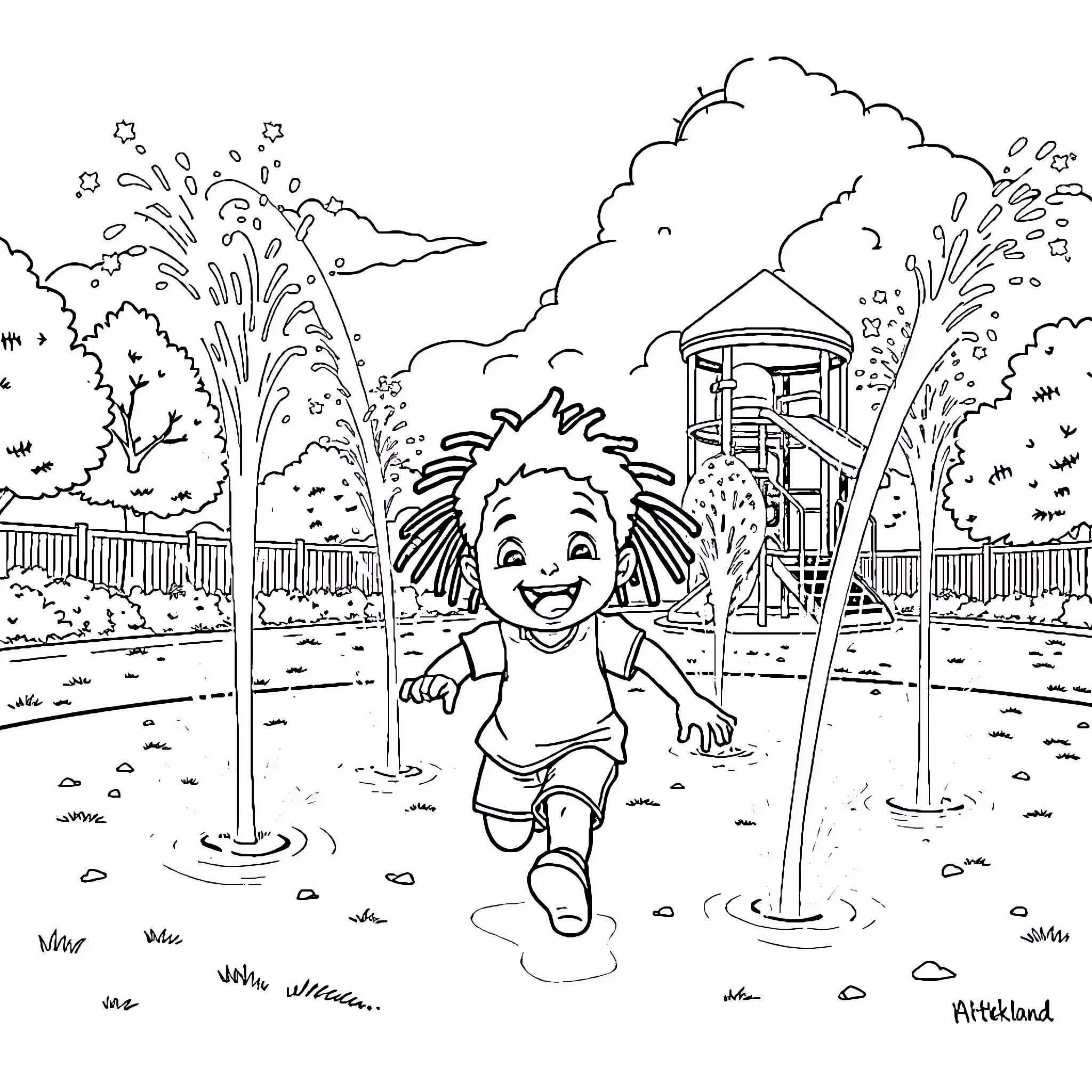 Boy playing in the water park Coloring Page (free black-and-white line drawing printable PDF for all, from beginners to advanced learners, including children, teens, adults, and seniors)