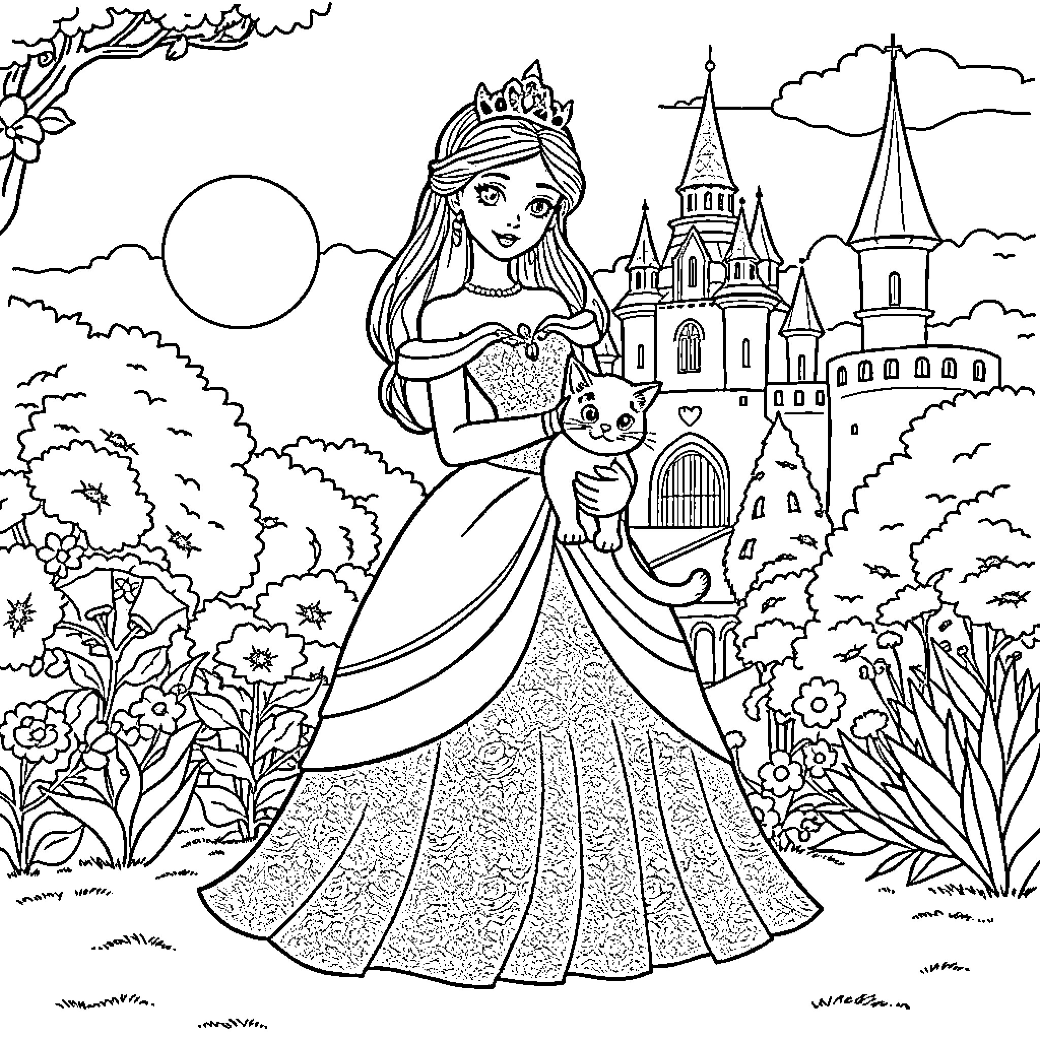 Princess in elegant gown before a castle Coloring Page (free black-and-white line drawing printable PDF for all, from beginners to advanced learners, including children, teens, adults, and seniors)