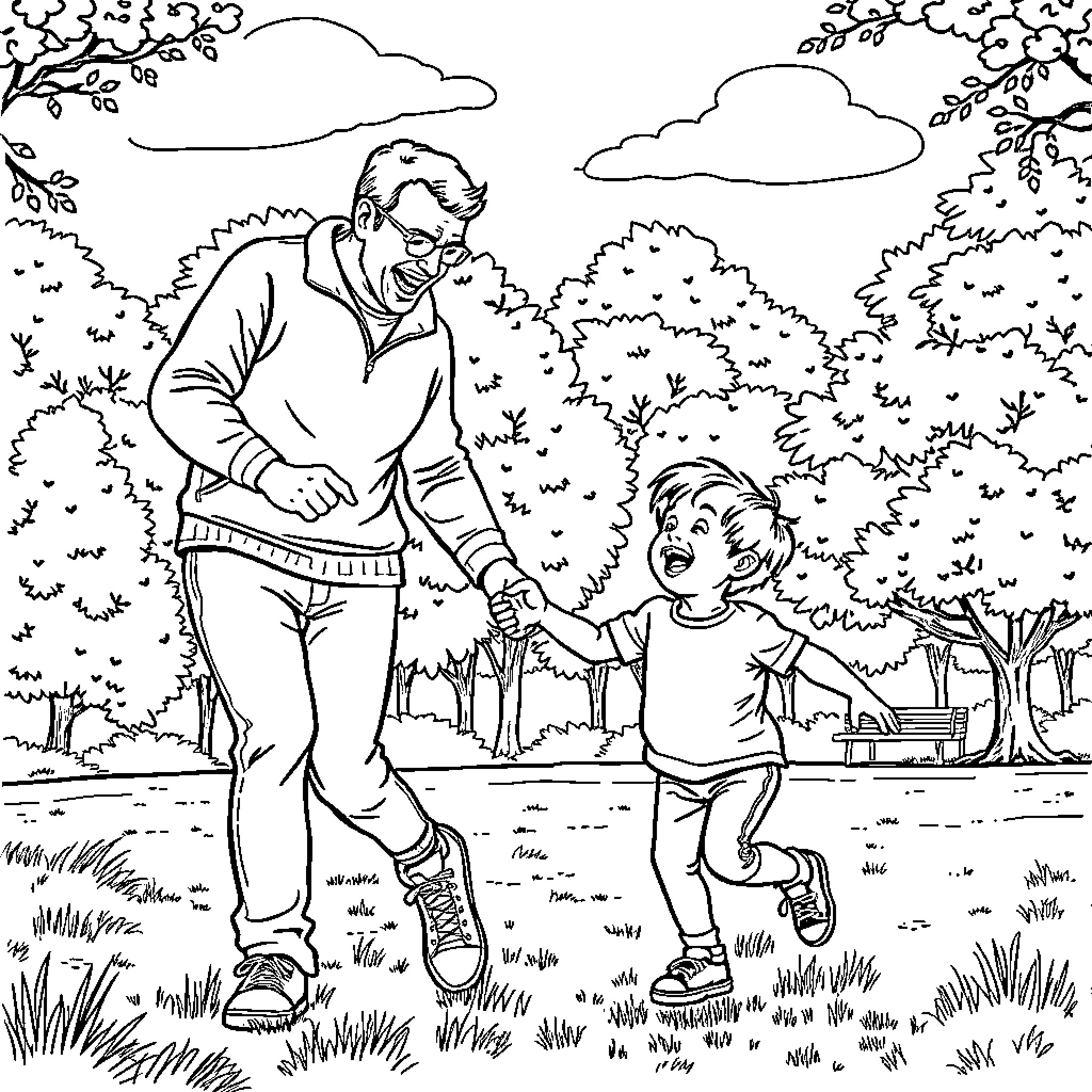 Father and child playing outdoors in nature Coloring Page (free black-and-white line drawing printable PDF for all, from beginners to advanced learners, including children, teens, adults, and seniors)