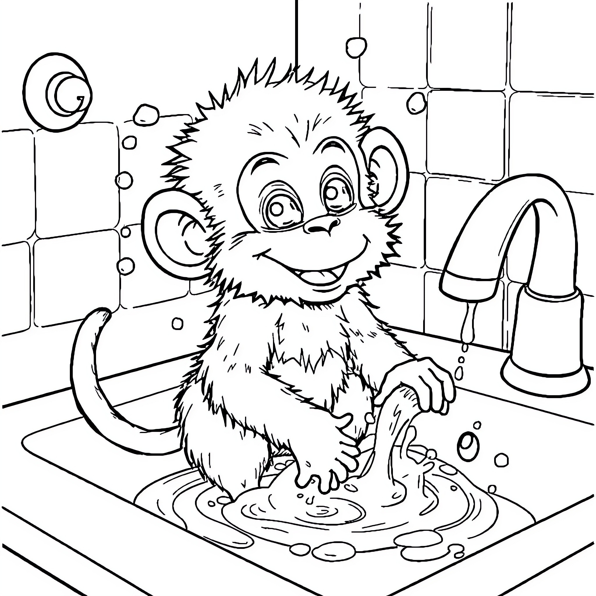 Monkey happily playing in the bathroom Coloring Page (free black-and-white line drawing printable PDF for all, from beginners to advanced learners, including children, teens, adults, and seniors)