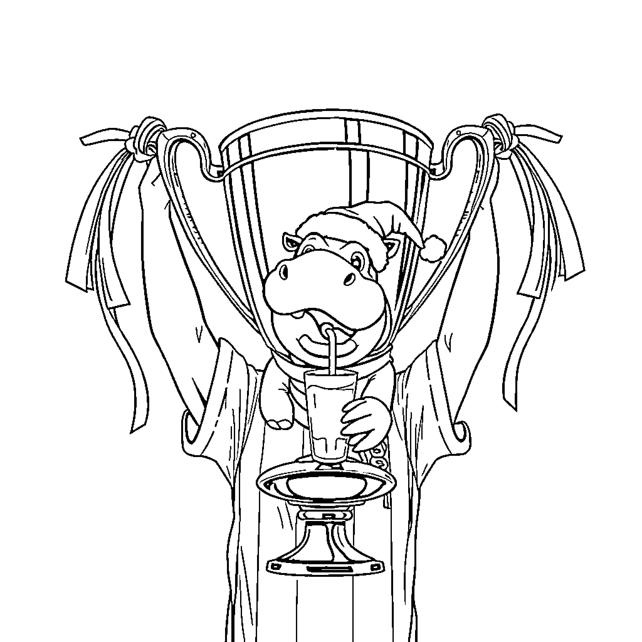 Trophy for Happy Hippo with Ribbons Coloring Page (free black-and-white line drawing printable PDF for all, from beginners to advanced learners, including children, teens, adults, and seniors)