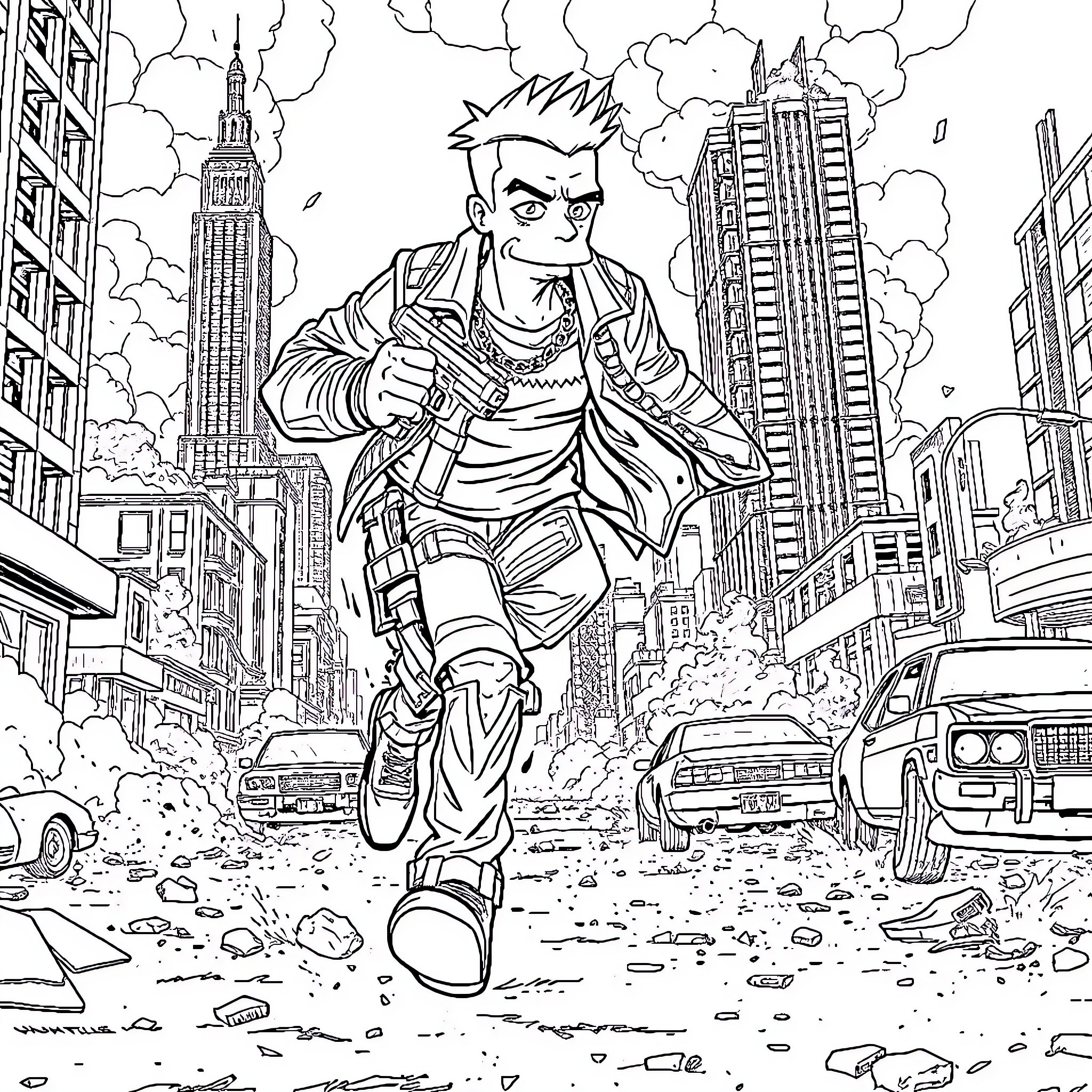 Homer Races Through the Chaotic City Streets Coloring Page (free black-and-white line drawing printable PDF for all, from beginners to advanced learners, including children, teens, adults, and seniors)