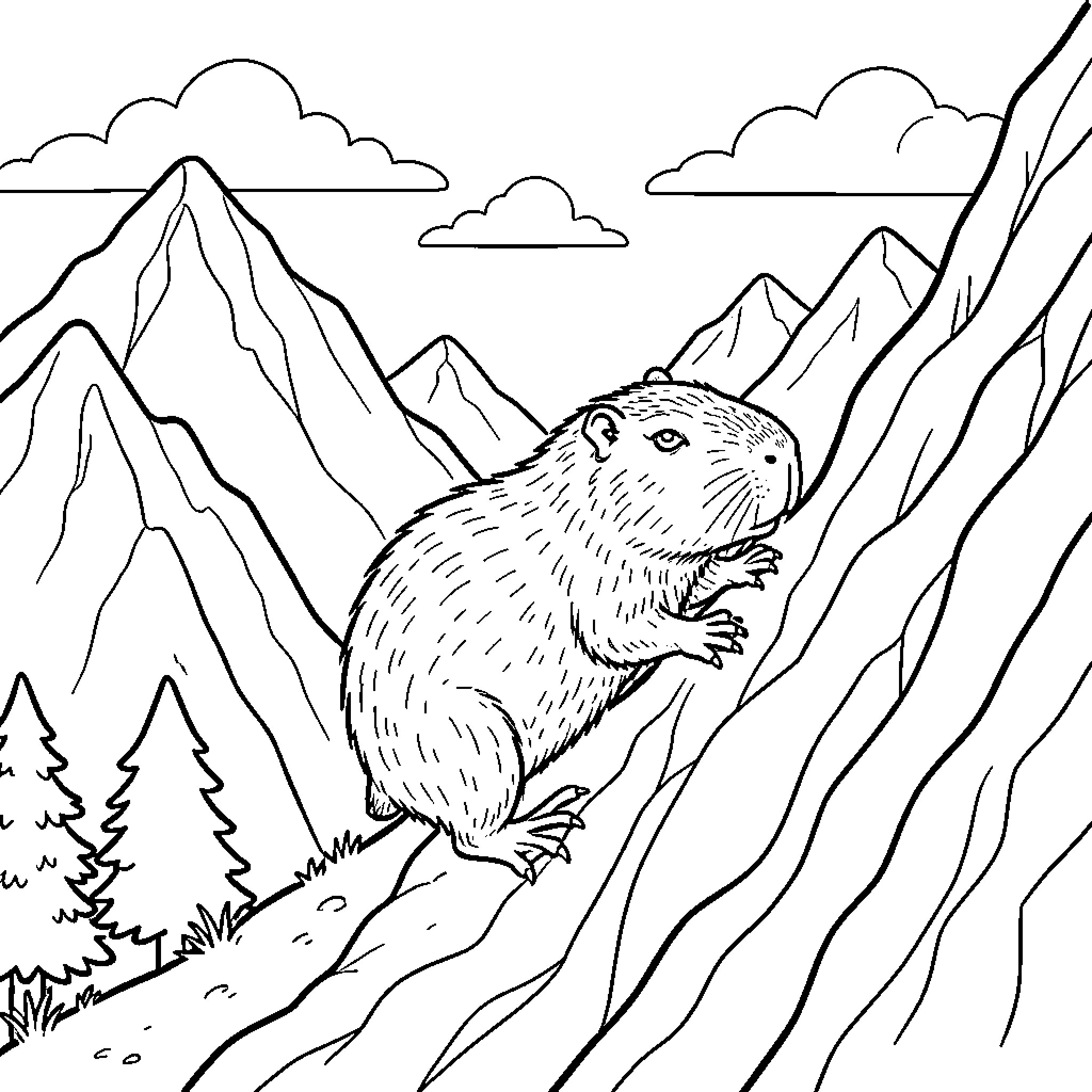 Capybara exploring the mountainous landscape Coloring Page (free black-and-white line drawing printable PDF for all, from beginners to advanced learners, including children, teens, adults, and seniors)