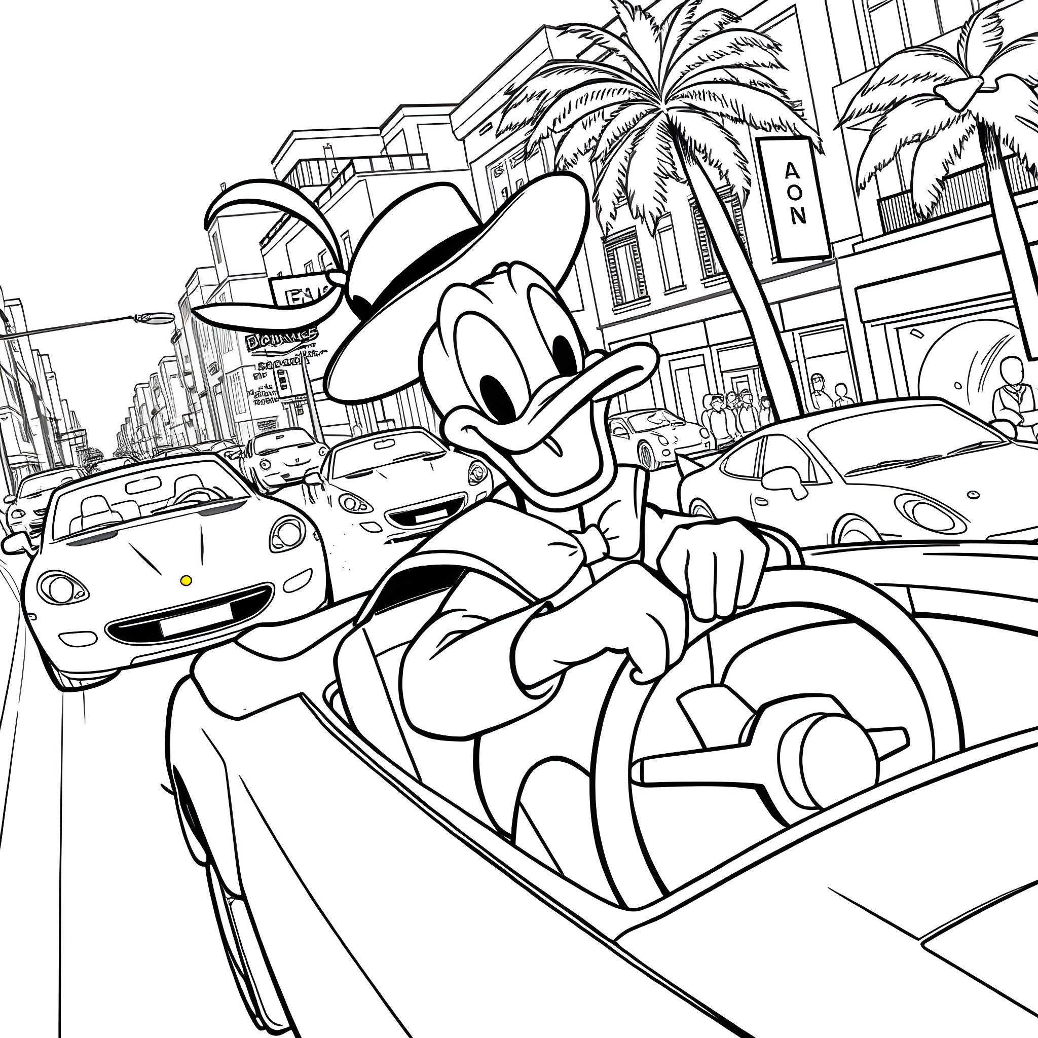 Donald Duck enjoying a wild ride in the city Coloring Page (free black-and-white line drawing printable PDF for all, from beginners to advanced learners, including children, teens, adults, and seniors)