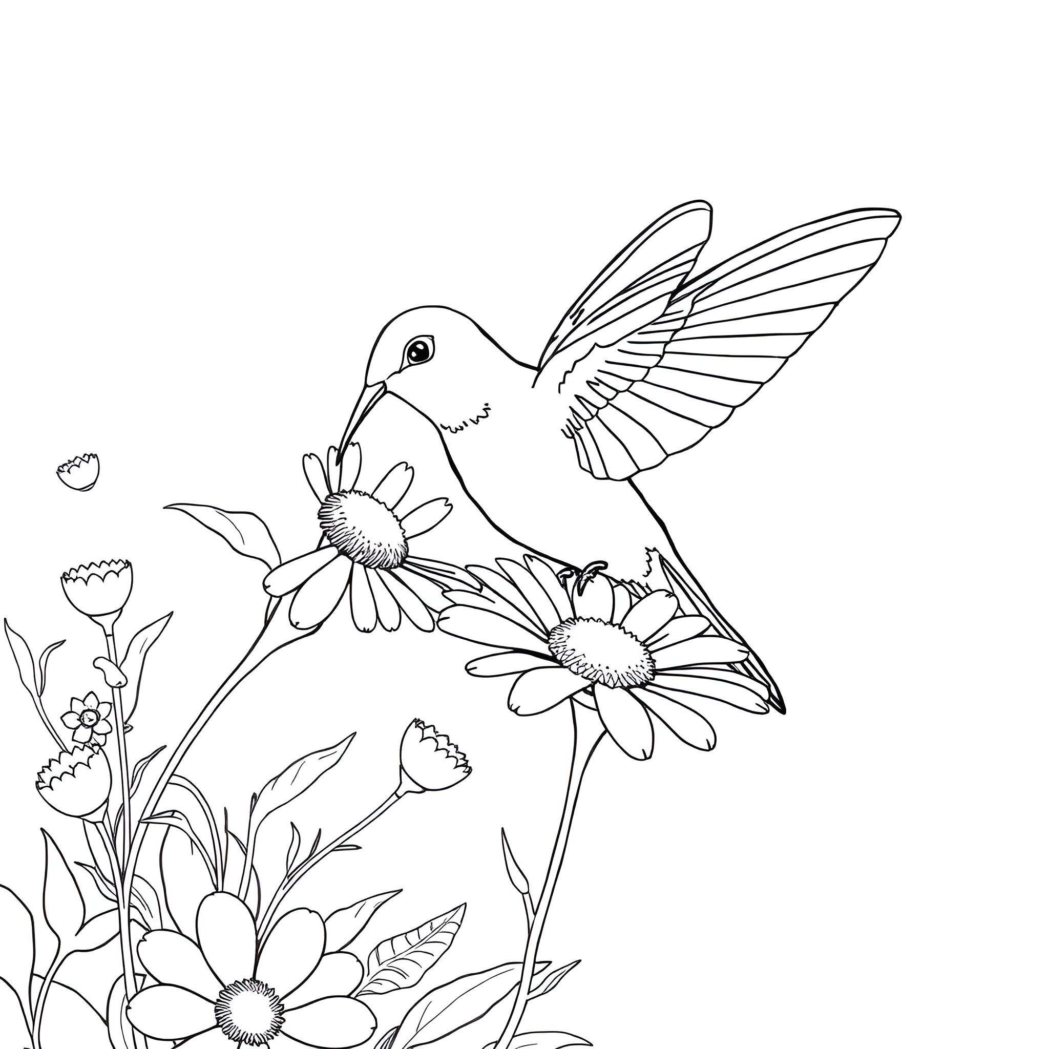 Hummingbird hovering near blooming flowers Coloring Page (free black-and-white line drawing printable PDF for all, from beginners to advanced learners, including children, teens, adults, and seniors)