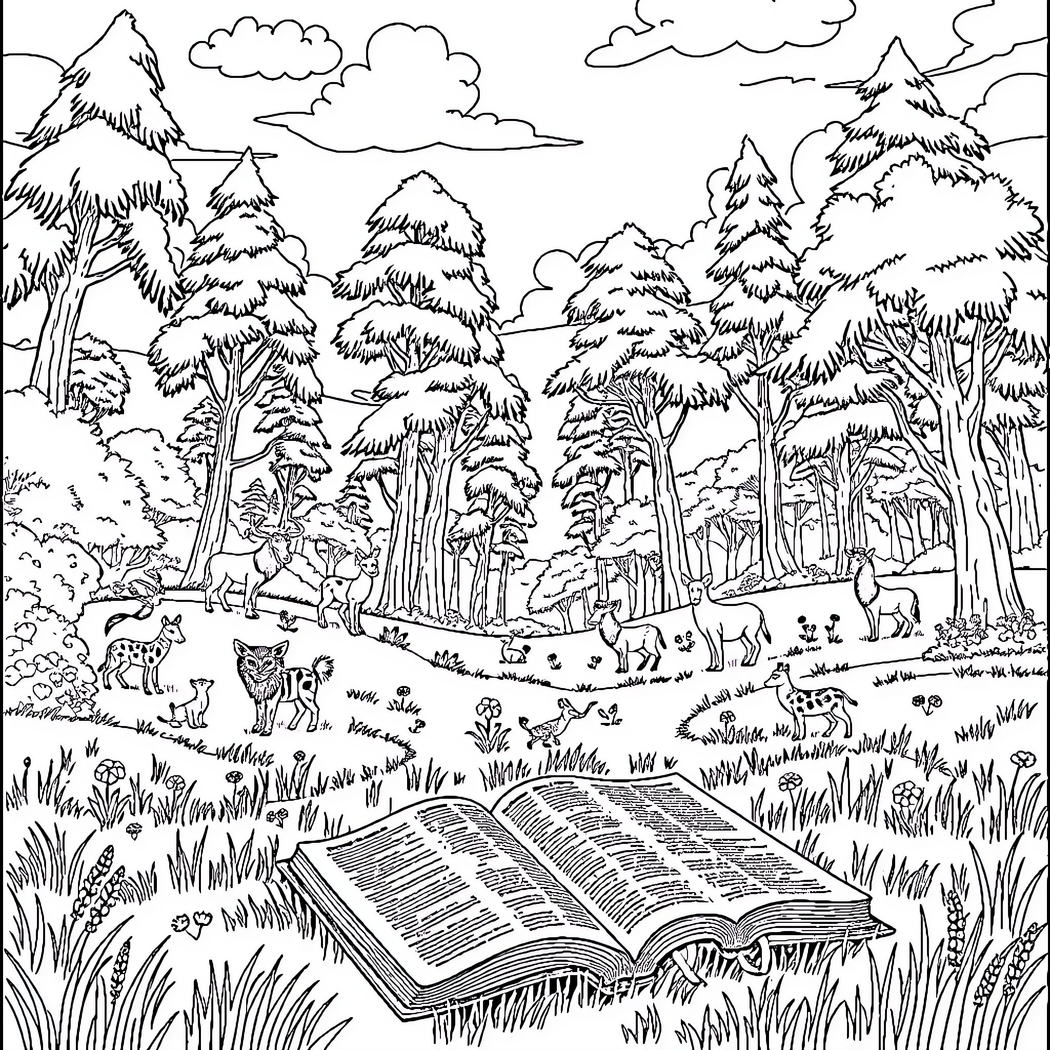 Bible study in the peaceful forest landscape Coloring Page (free black-and-white line drawing printable PDF for all, from beginners to advanced learners, including children, teens, adults, and seniors)