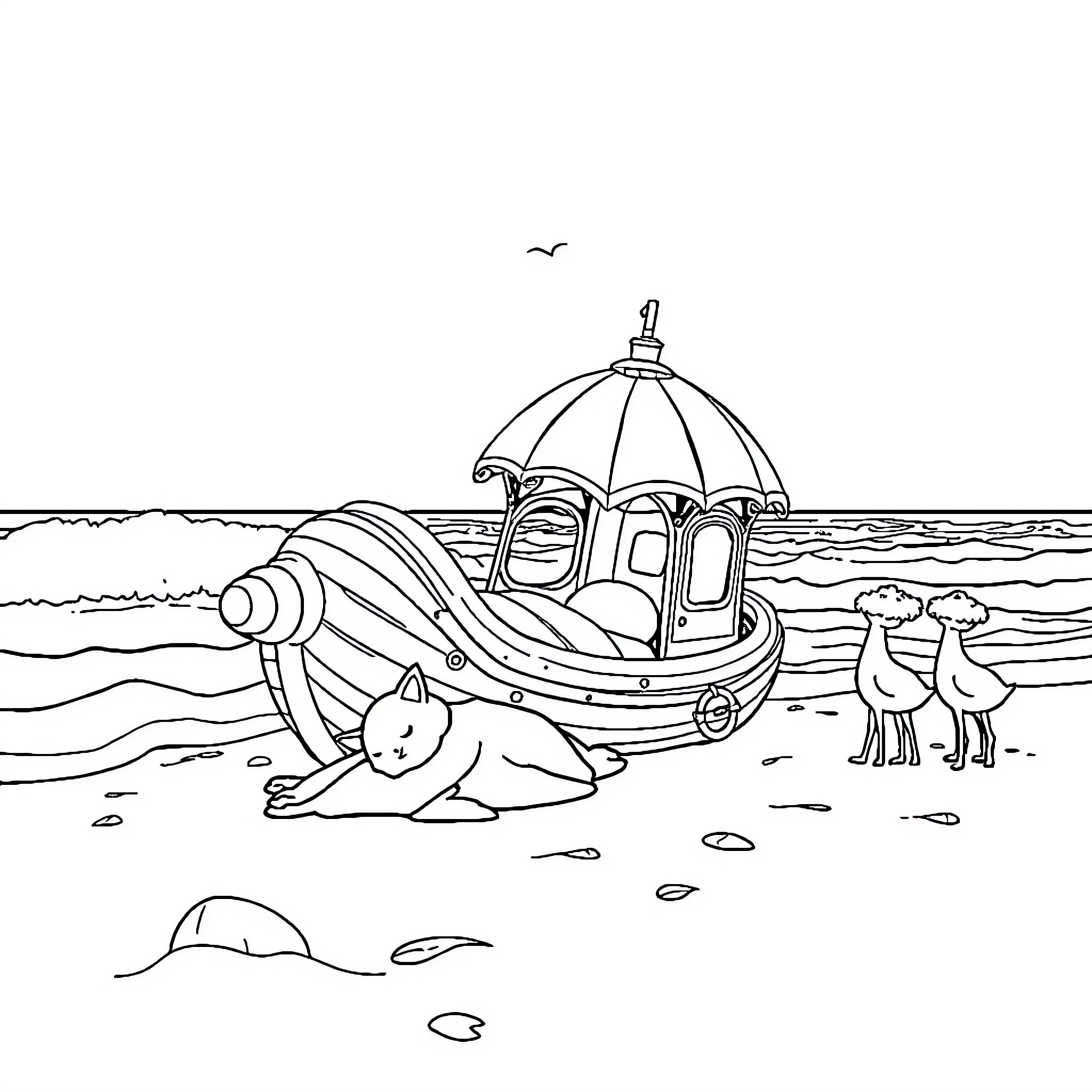 Vessel with Whimsical Passengers on Beach Coloring Page (free black-and-white line drawing printable PDF for all, from beginners to advanced learners, including children, teens, adults, and seniors)