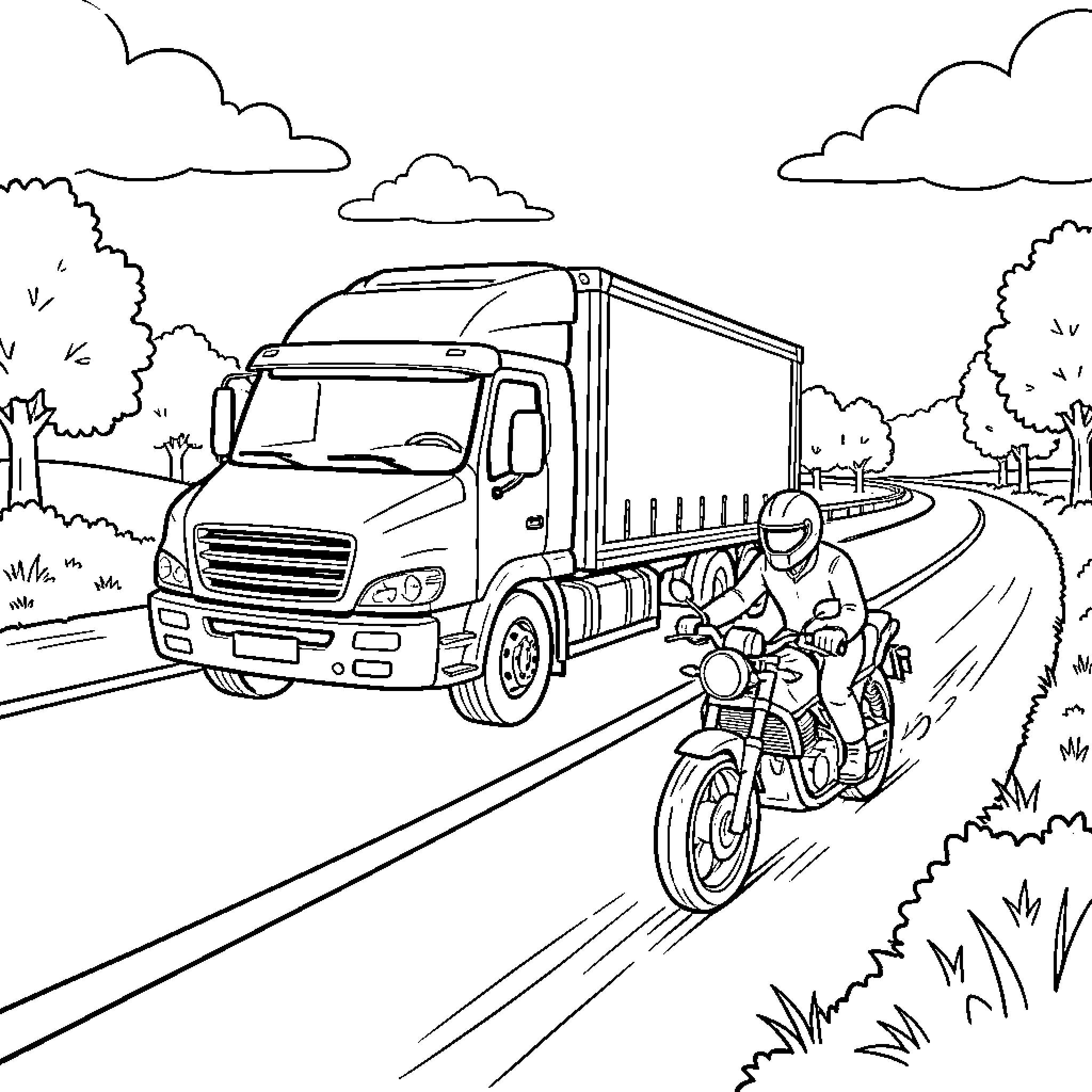 Camion driving on a road next to a motorcyclist Coloring Page (free black-and-white line drawing printable PDF for all, from beginners to advanced learners, including children, teens, adults, and seniors)