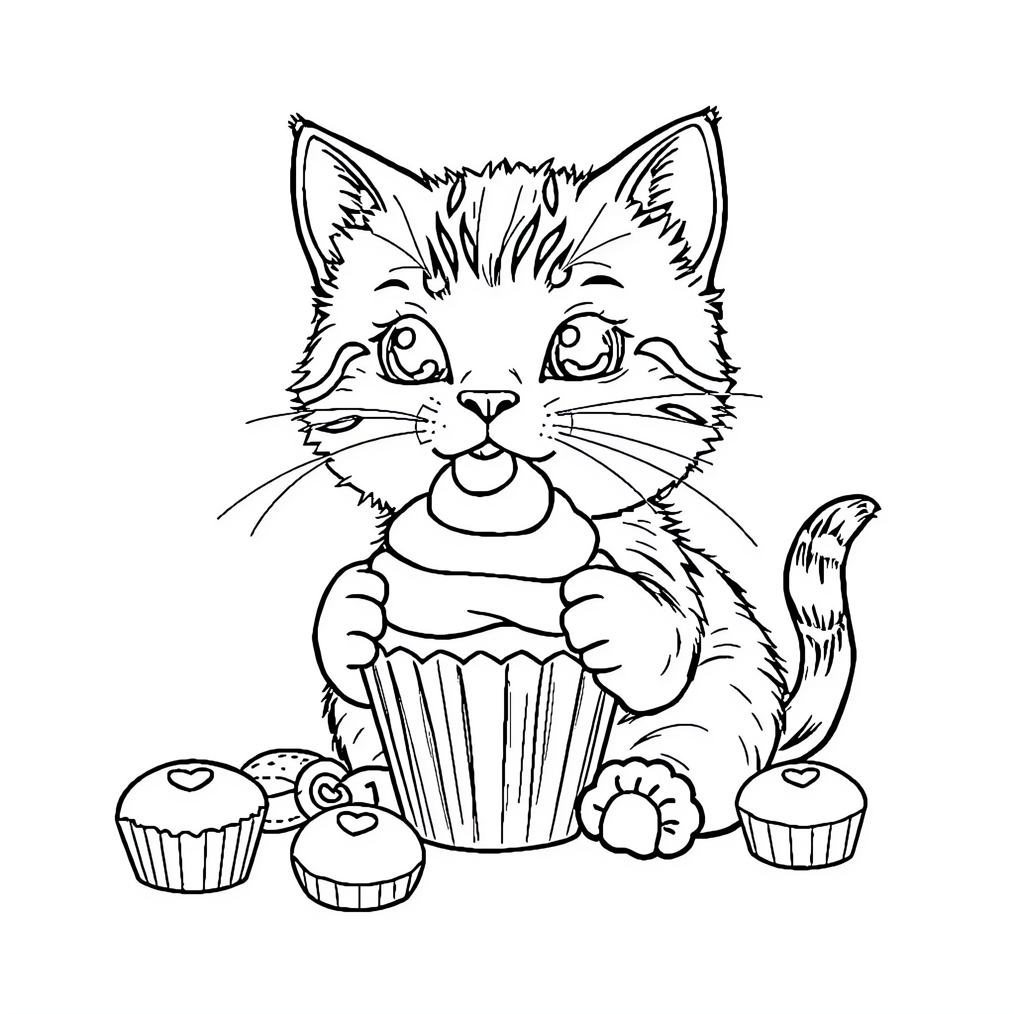 Cat enjoying delicious cupcakes Coloring Page (free black-and-white line drawing printable PDF for all, from beginners to advanced learners, including children, teens, adults, and seniors)