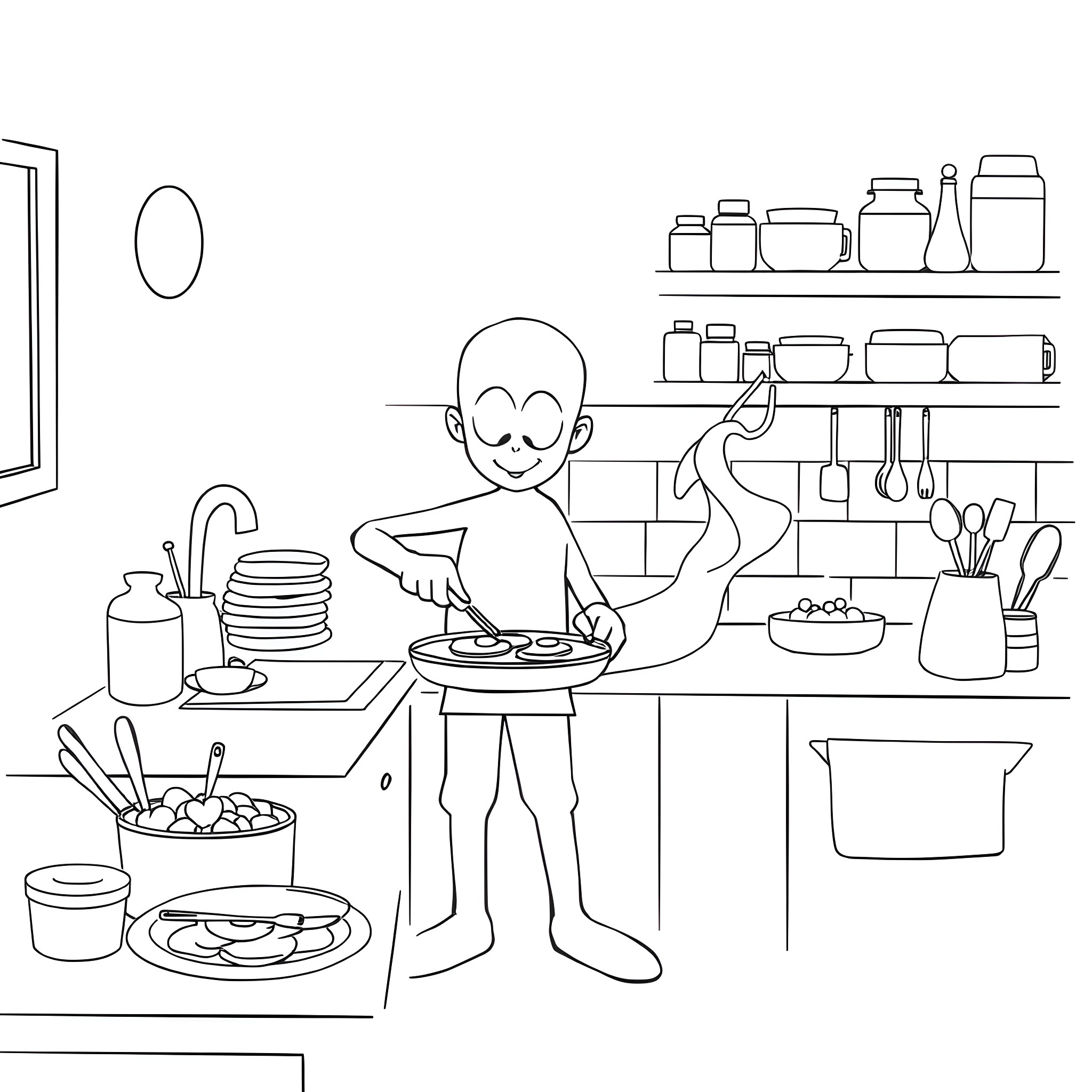 Shadow Cooking a Meal in the Kitchen Coloring Page (free black-and-white line drawing printable PDF for all, from beginners to advanced learners, including children, teens, adults, and seniors)