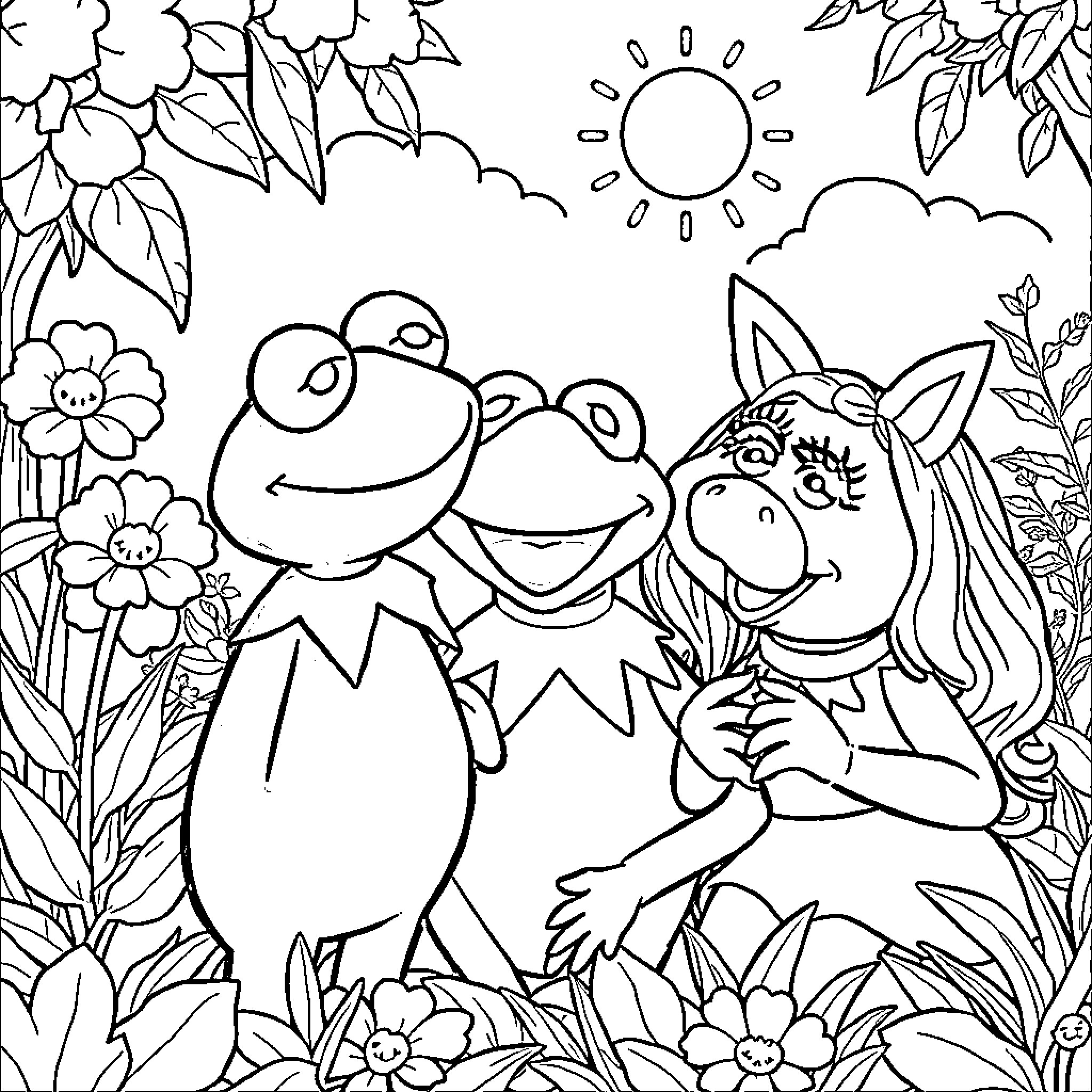 Bluey and Bingo explore a vibrant garden Coloring Page (free black-and-white line drawing printable PDF for all, from beginners to advanced learners, including children, teens, adults, and seniors)