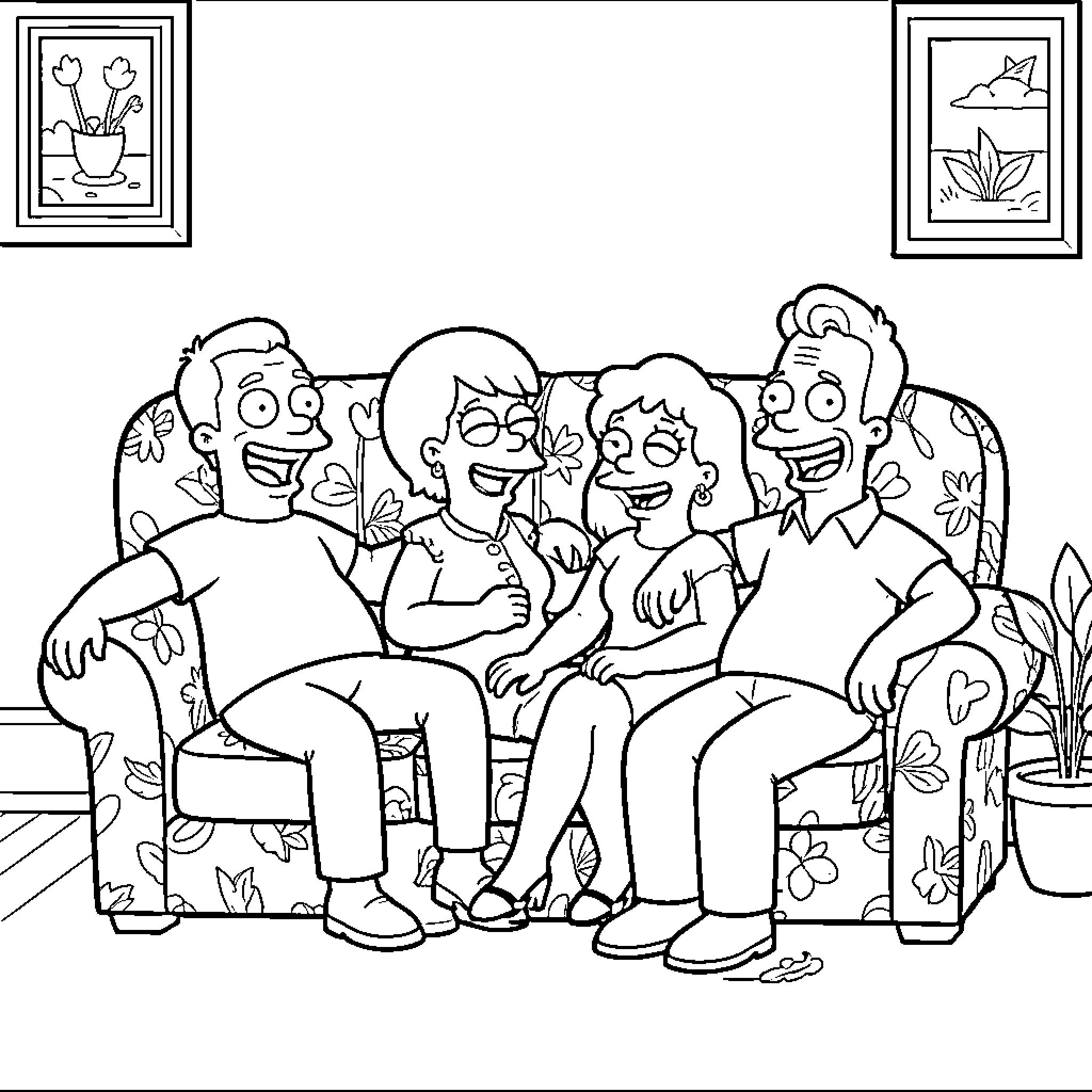 The Simpsons Family Enjoying Couch Time Together Coloring Page (free black-and-white line drawing printable PDF for all, from beginners to advanced learners, including children, teens, adults, and seniors)