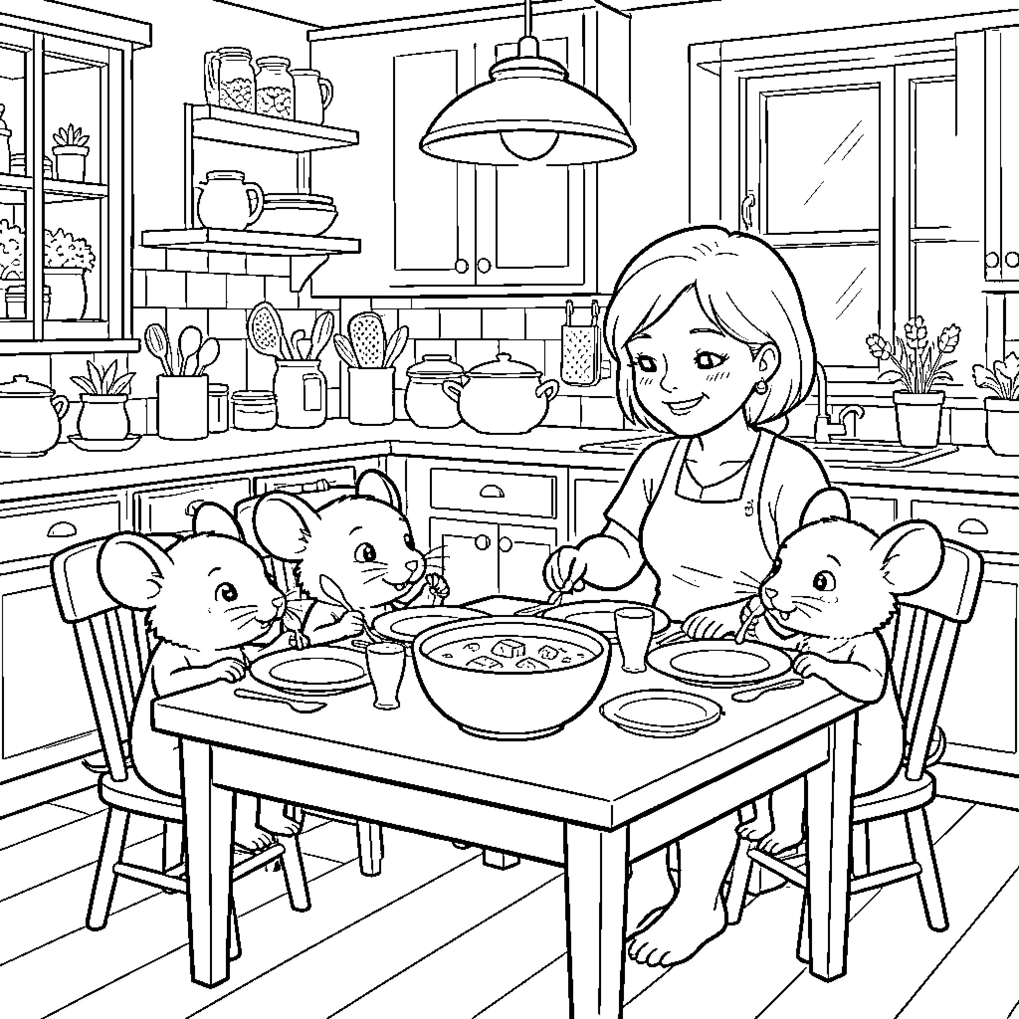 Ratoncito family enjoying a meal in the kitchen Coloring Page (free black-and-white line drawing printable PDF for all, from beginners to advanced learners, including children, teens, adults, and seniors)