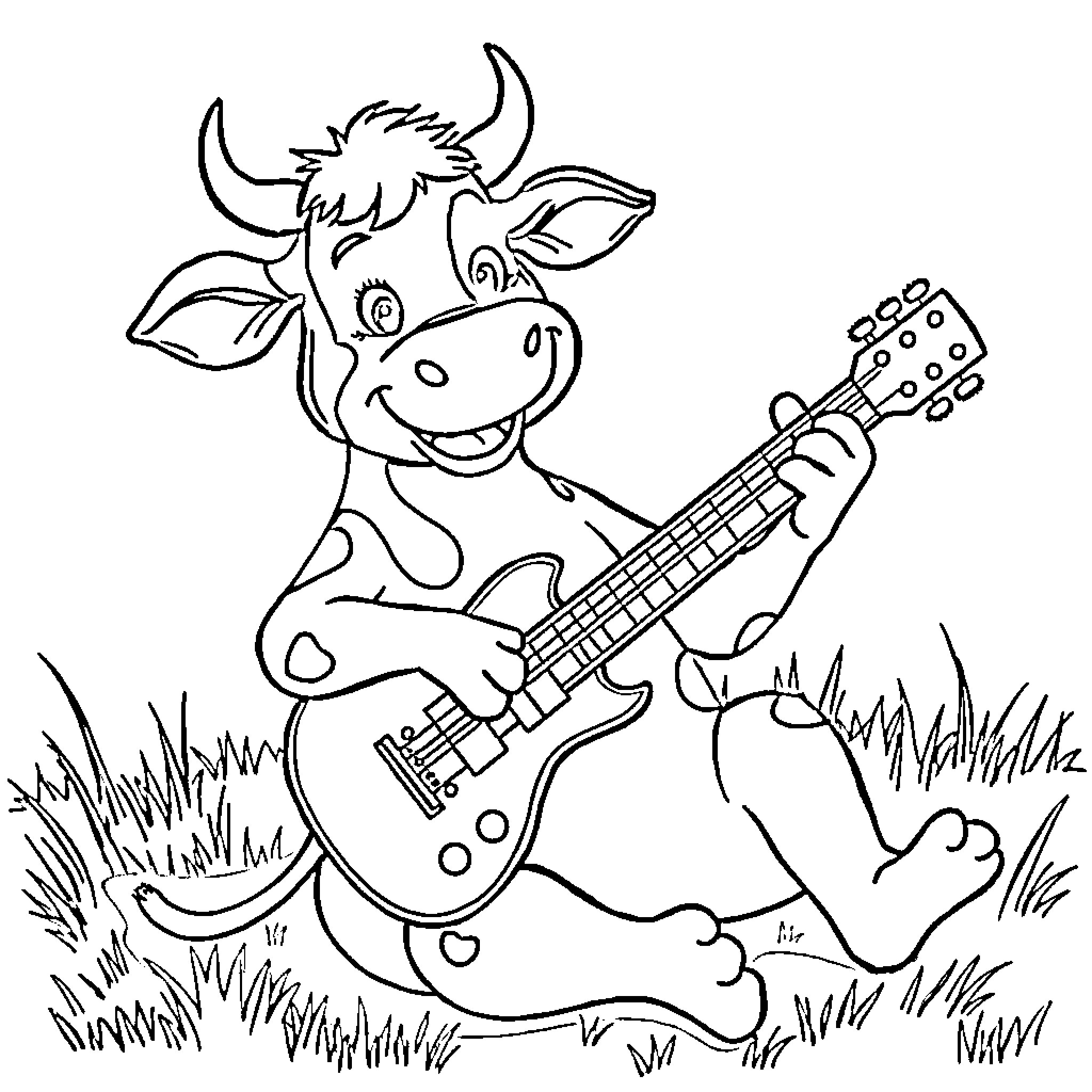 Cow playing guitar in the field Coloring Page (free black-and-white line drawing printable PDF for all, from beginners to advanced learners, including children, teens, adults, and seniors)