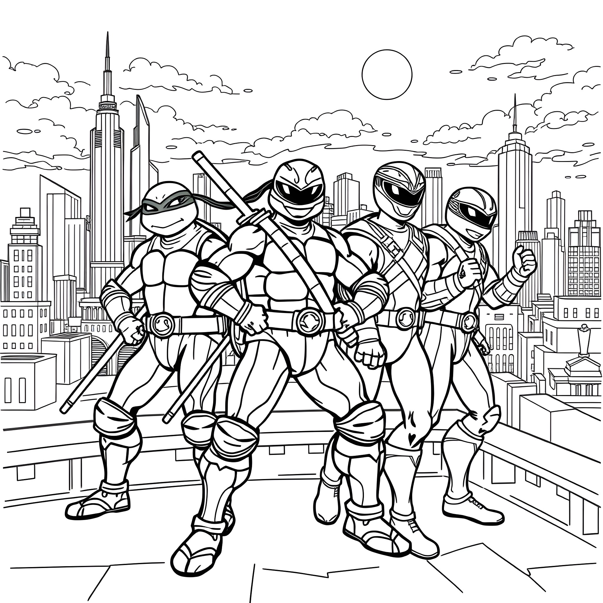 Ninja Turtles Heroically Patrolling the City Skyline Coloring Page (free black-and-white line drawing printable PDF for all, from beginners to advanced learners, including children, teens, adults, and seniors)