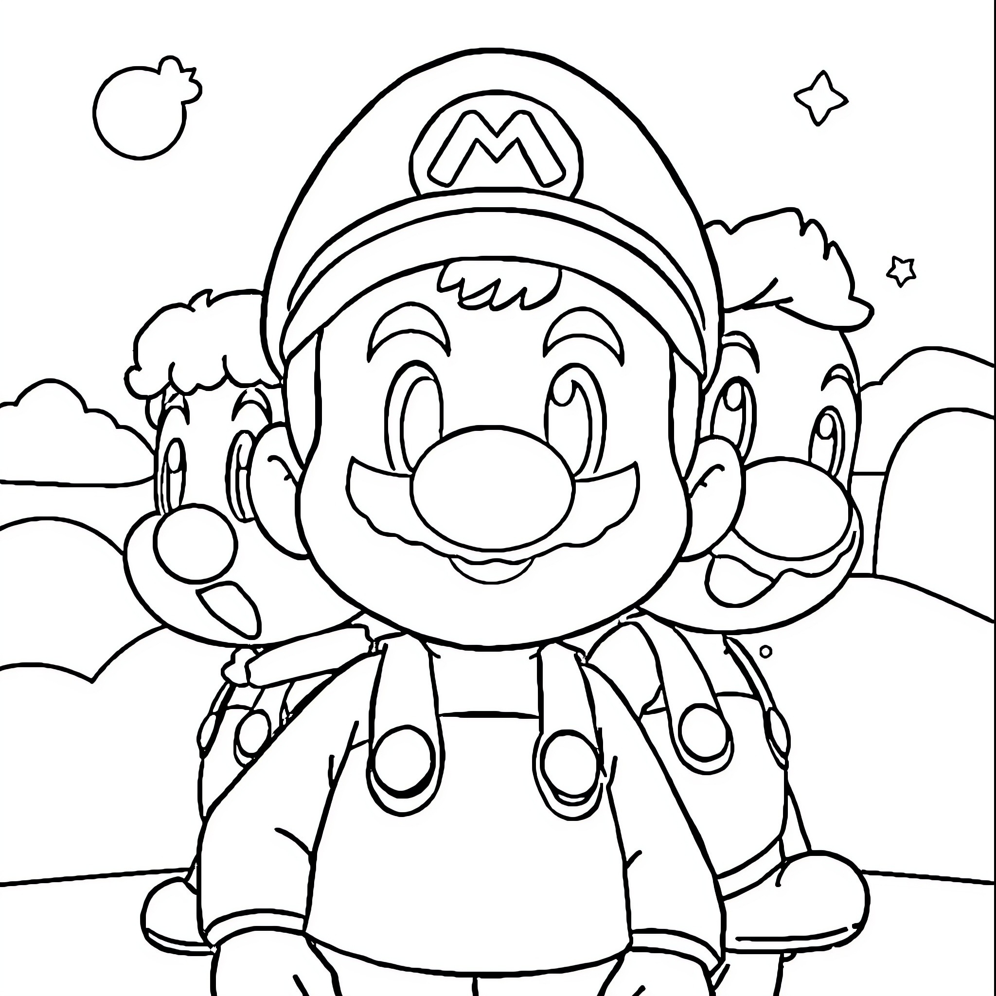 Nintendo Characters in a Whimsical Outdoor Scene Coloring Page (free black-and-white line drawing printable PDF for all, from beginners to advanced learners, including children, teens, adults, and seniors)