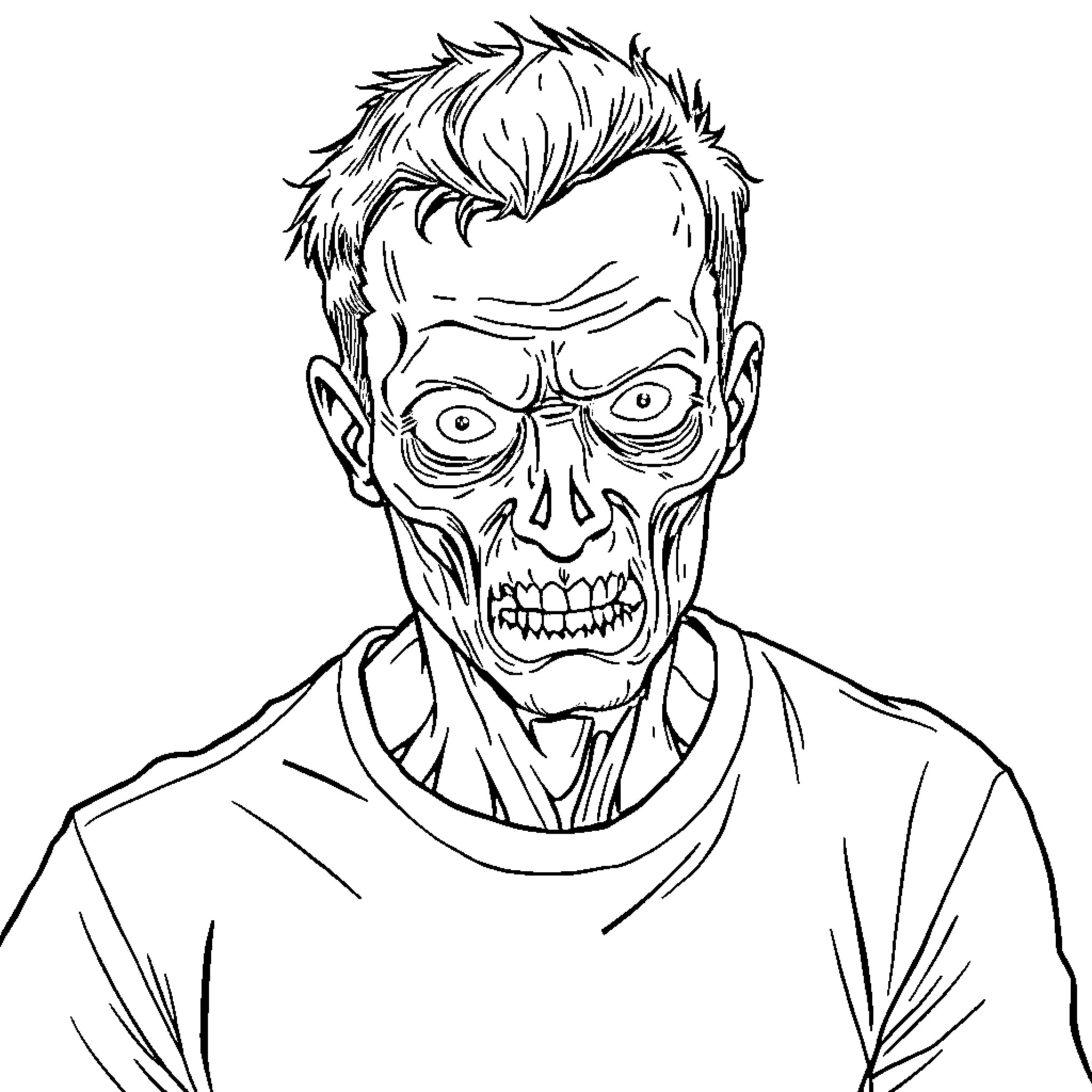 Zombie Man with Frightening Expression Coloring Page (free black-and-white line drawing printable PDF for all, from beginners to advanced learners, including children, teens, adults, and seniors)