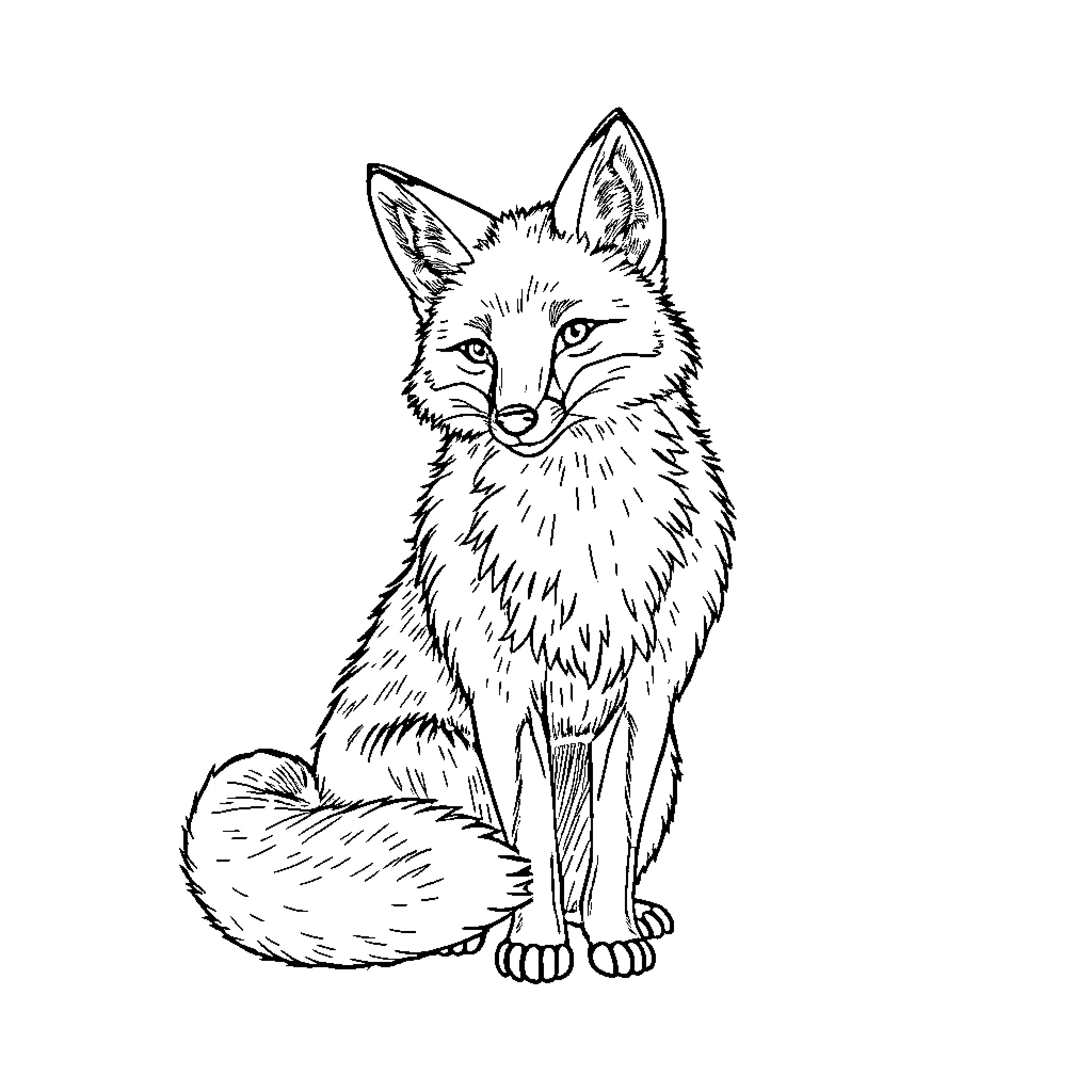 Fox patiently observing in the wilderness Coloring Page (free black-and-white line drawing printable PDF for all, from beginners to advanced learners, including children, teens, adults, and seniors)