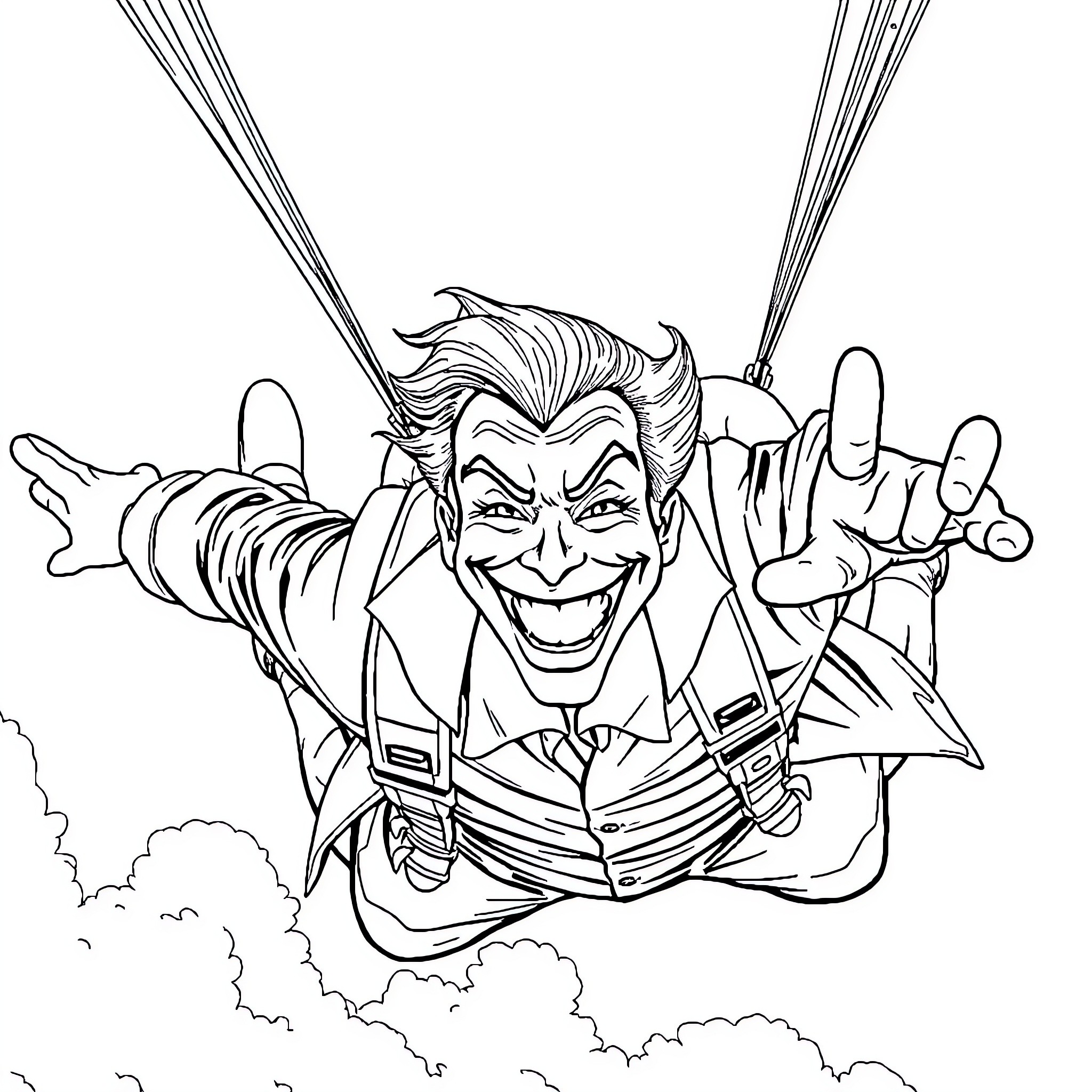 Joker diving menacingly with mischievous grin Coloring Page (free black-and-white line drawing printable PDF for all, from beginners to advanced learners, including children, teens, adults, and seniors)