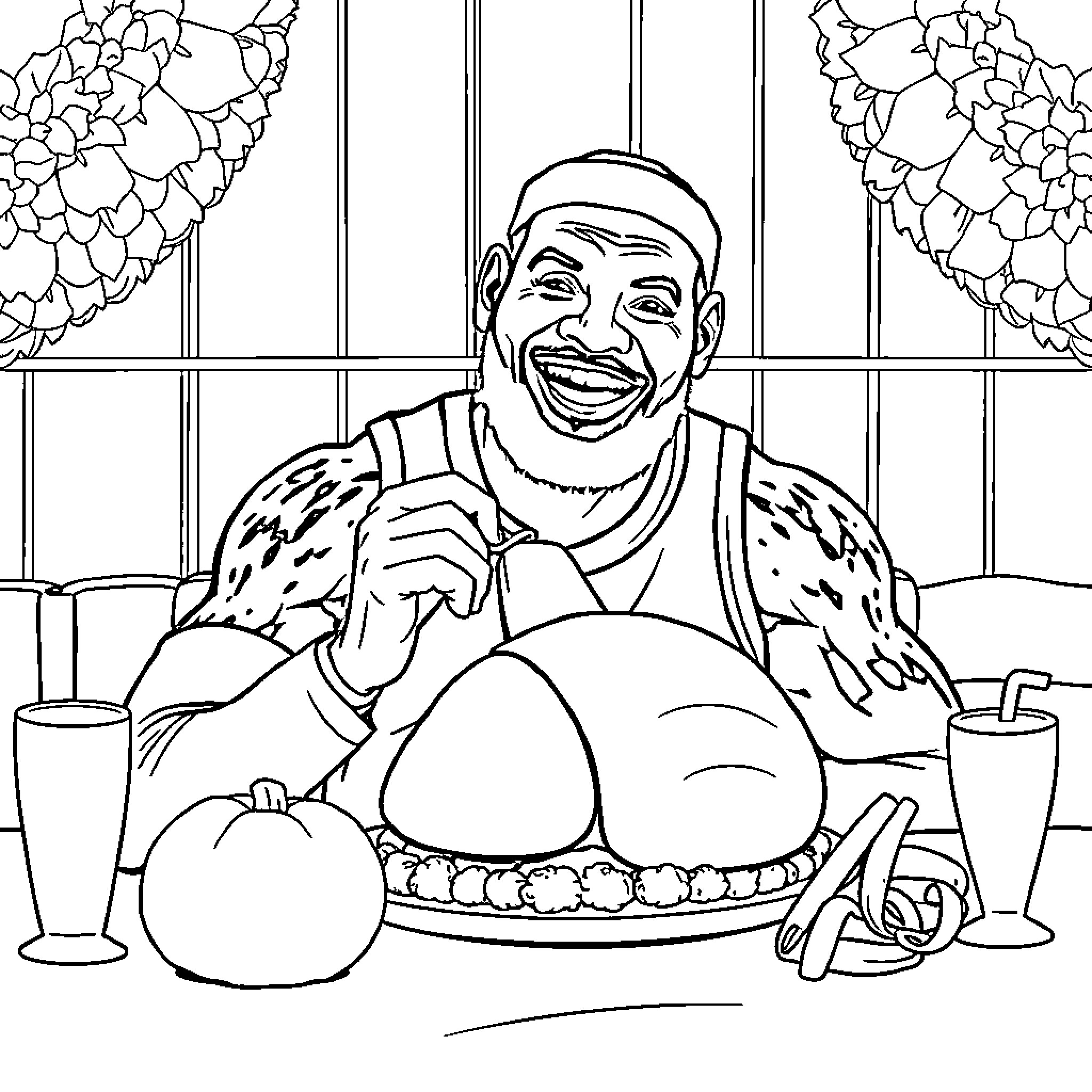 LeBron James enjoying a Thanksgiving feast Coloring Page (free black-and-white line drawing printable PDF for all, from beginners to advanced learners, including children, teens, adults, and seniors)
