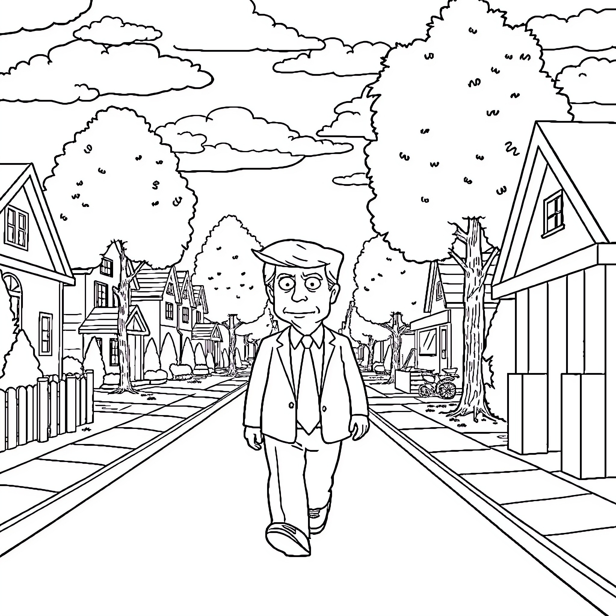 Trump in a Quaint Town Stroll Coloring Page (free black-and-white line drawing printable PDF for all, from beginners to advanced learners, including children, teens, adults, and seniors)