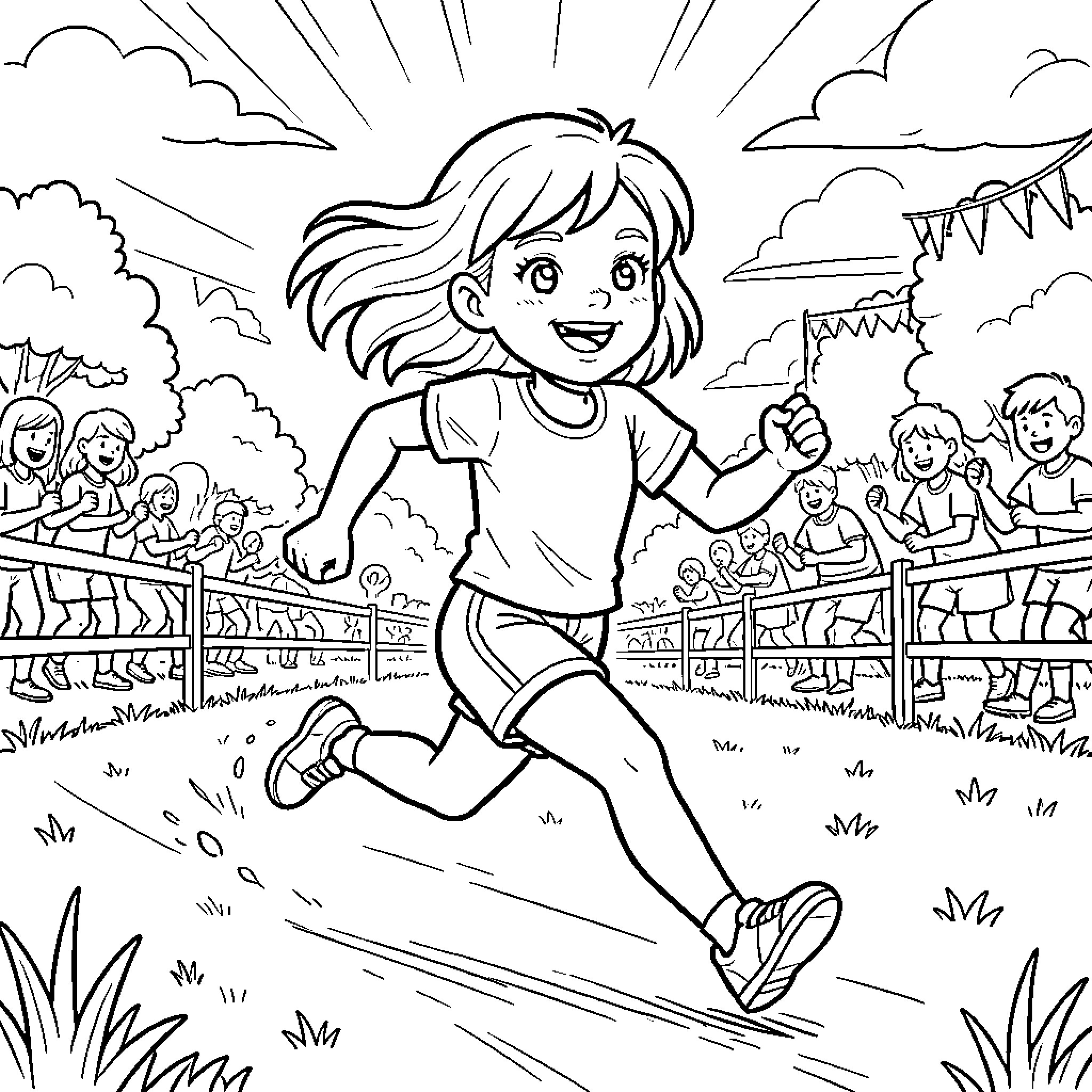 Girl running happily at outdoor event Coloring Page (free black-and-white line drawing printable PDF for all, from beginners to advanced learners, including children, teens, adults, and seniors)