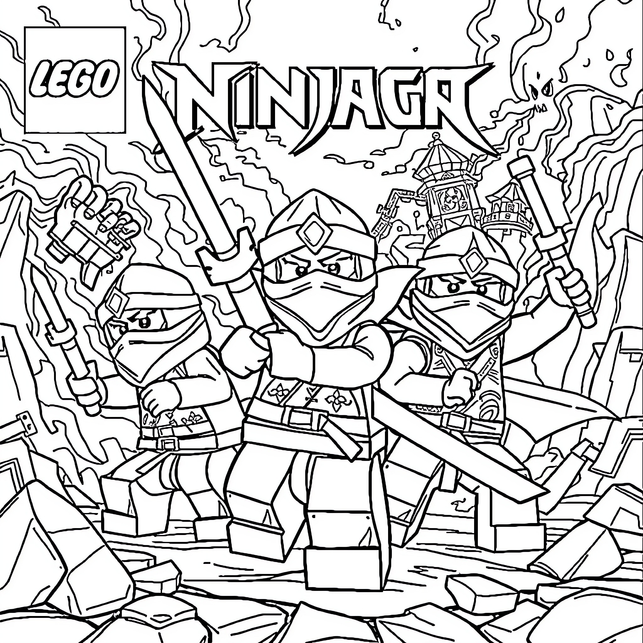 Ninjago warriors in action-packed battle scene Coloring Page (free black-and-white line drawing printable PDF for all, from beginners to advanced learners, including children, teens, adults, and seniors)