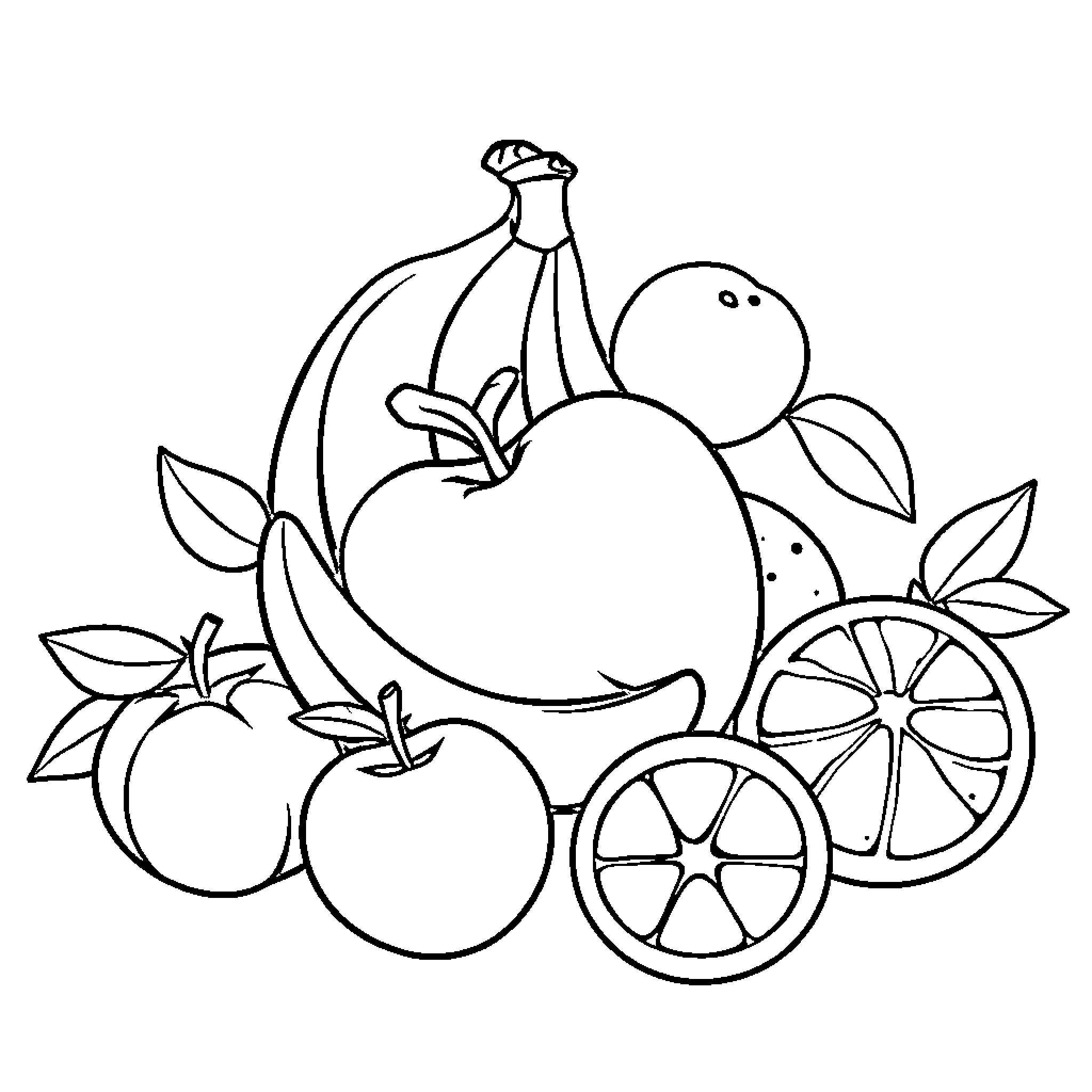 Fruit Assortment with Leaves and Slices Coloring Page (free black-and-white line drawing printable PDF for all, from beginners to advanced learners, including children, teens, adults, and seniors)