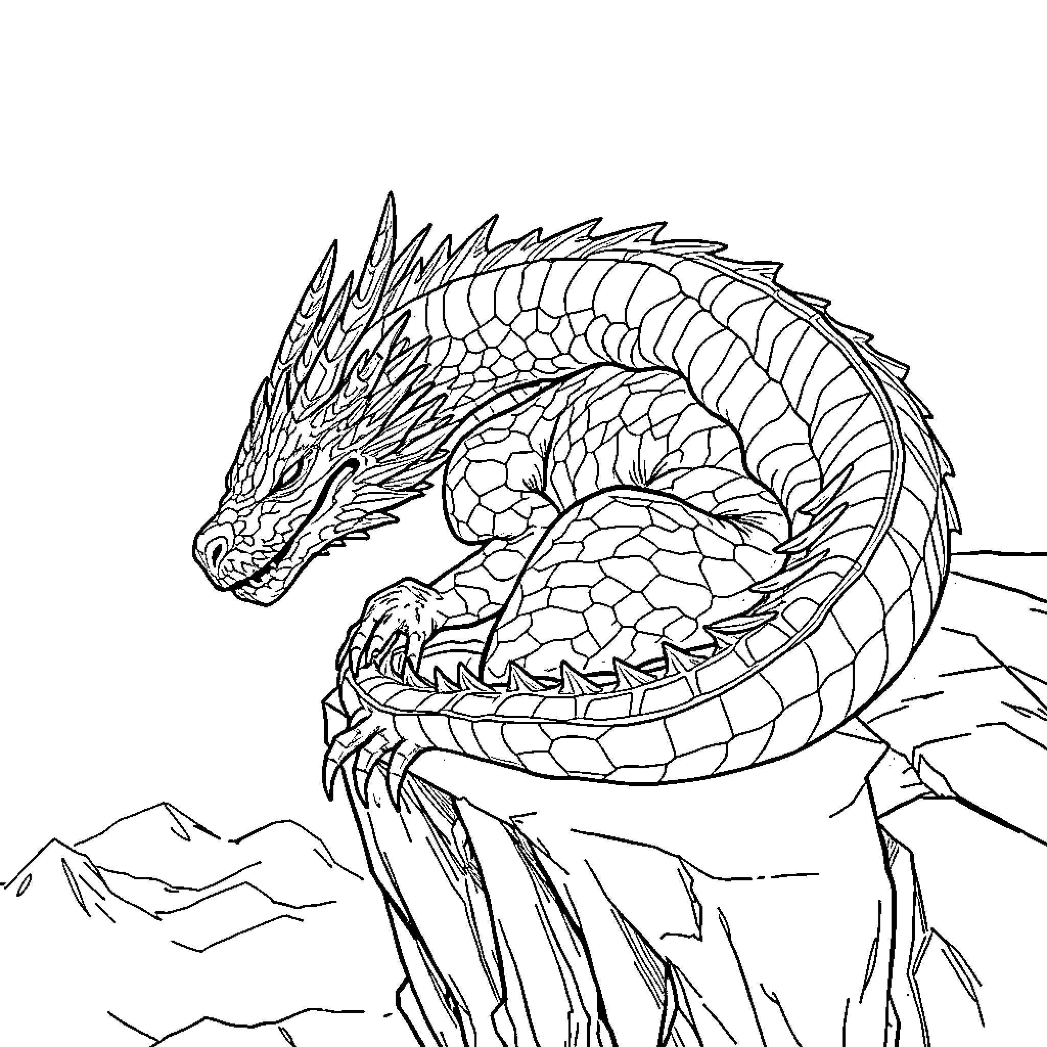 Smaug the Mighty Dragon Guarding the Treasure Hoard Coloring Page (free black-and-white line drawing printable PDF for all, from beginners to advanced learners, including children, teens, adults, and seniors)