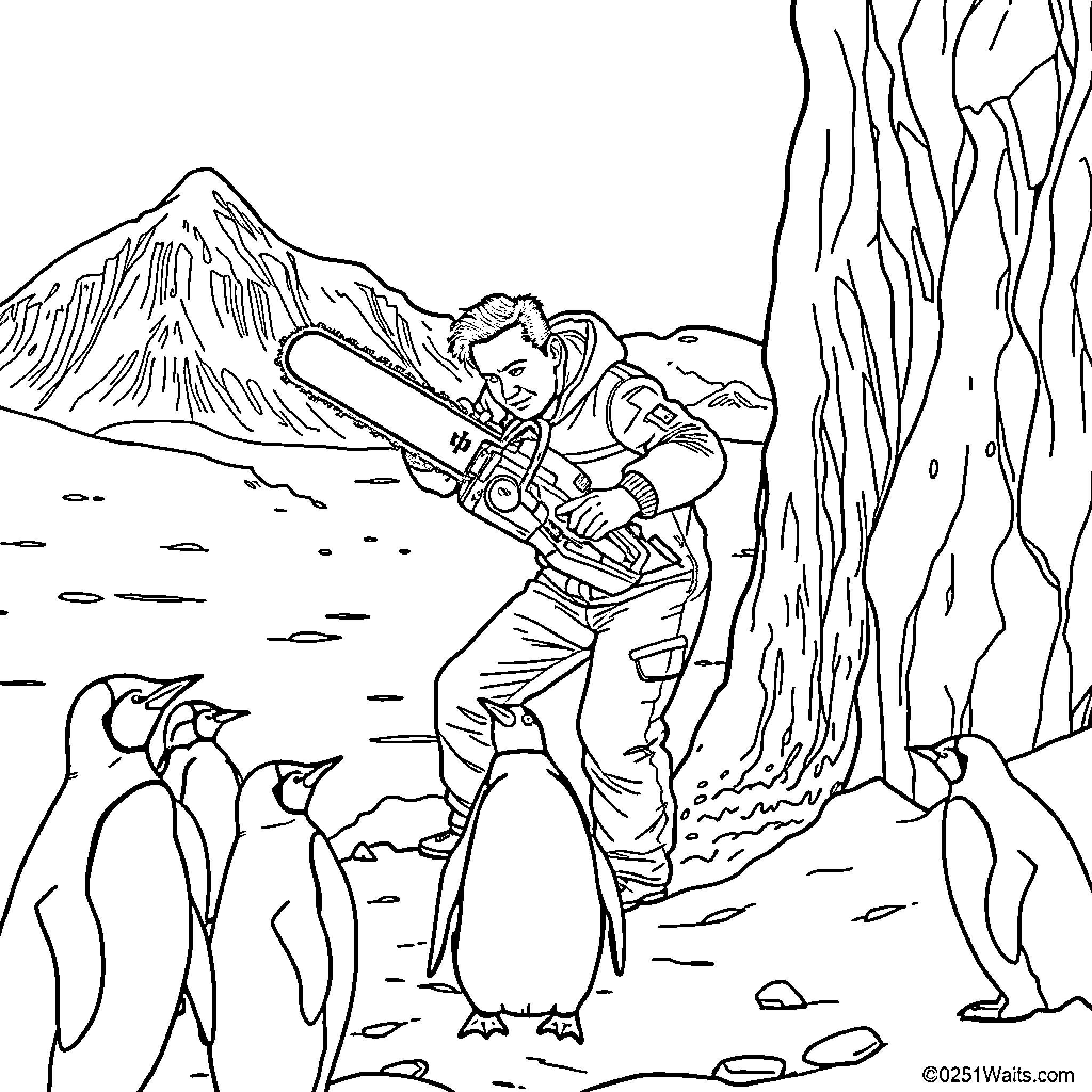 Elon Musk explores Antarctic landscape with penguins Coloring Page (free black-and-white line drawing printable PDF for all, from beginners to advanced learners, including children, teens, adults, and seniors)