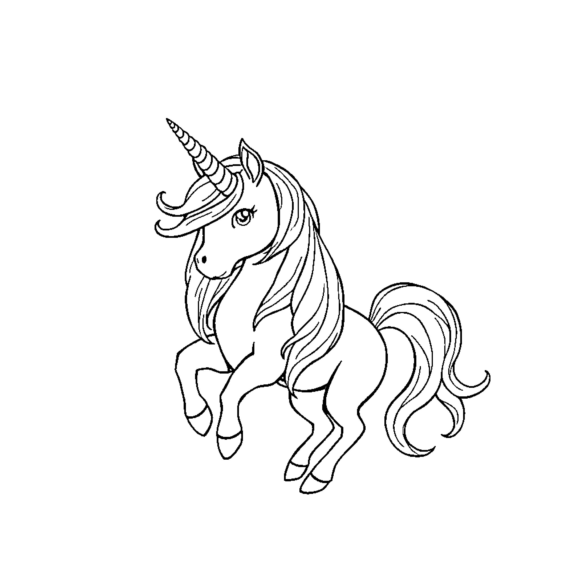 Unicorn standing proud and elegant Coloring Page (free black-and-white line drawing printable PDF for all, from beginners to advanced learners, including children, teens, adults, and seniors)