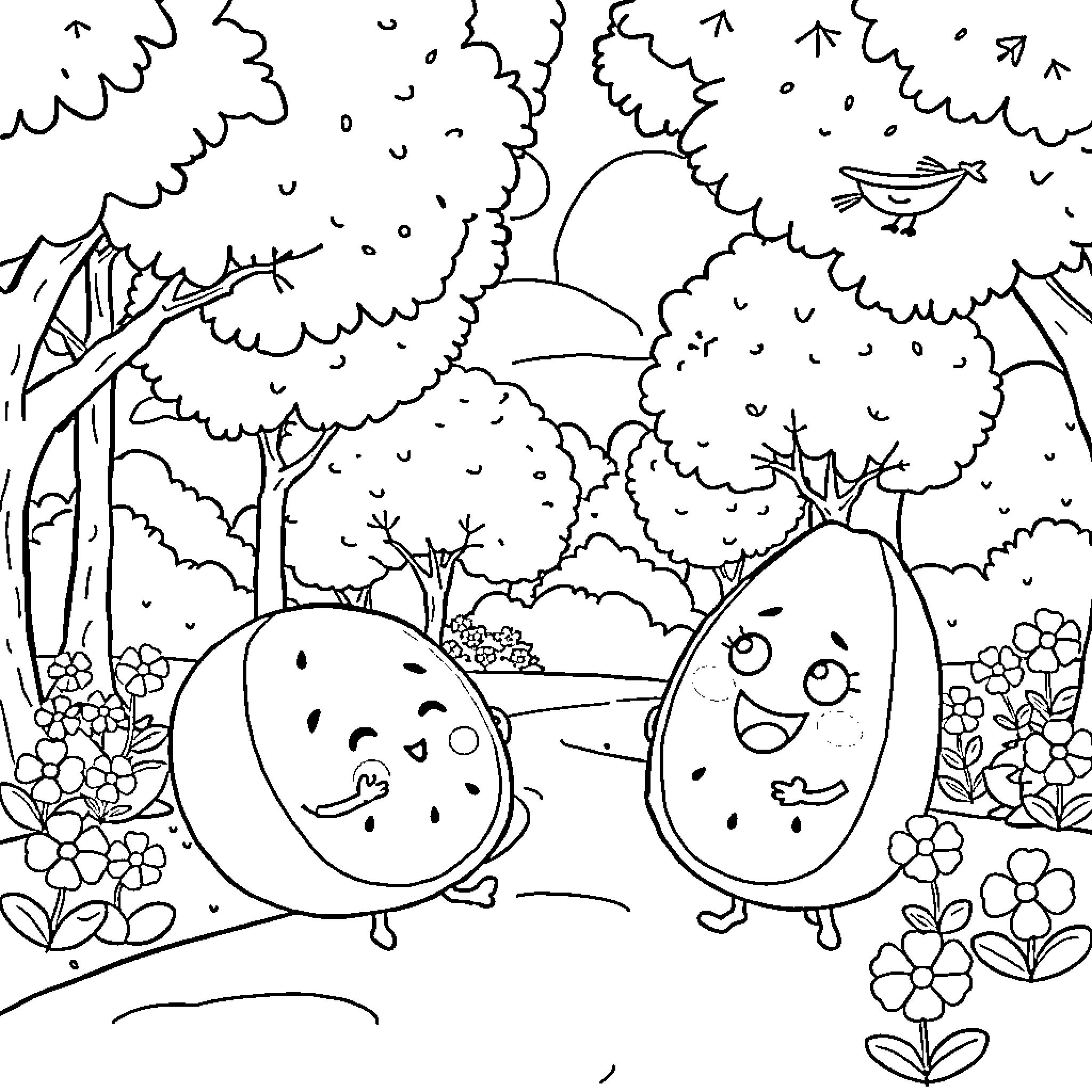 Coco Melon characters playing in a whimsical forest Coloring Page (free black-and-white line drawing printable PDF for all, from beginners to advanced learners, including children, teens, adults, and seniors)