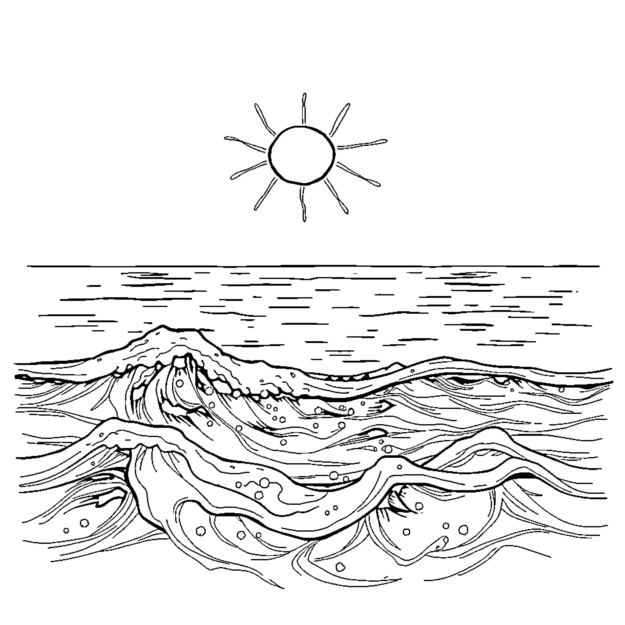 Salt Water Seascape with Sun Coloring Page (free black-and-white line drawing printable PDF for all, from beginners to advanced learners, including children, teens, adults, and seniors)